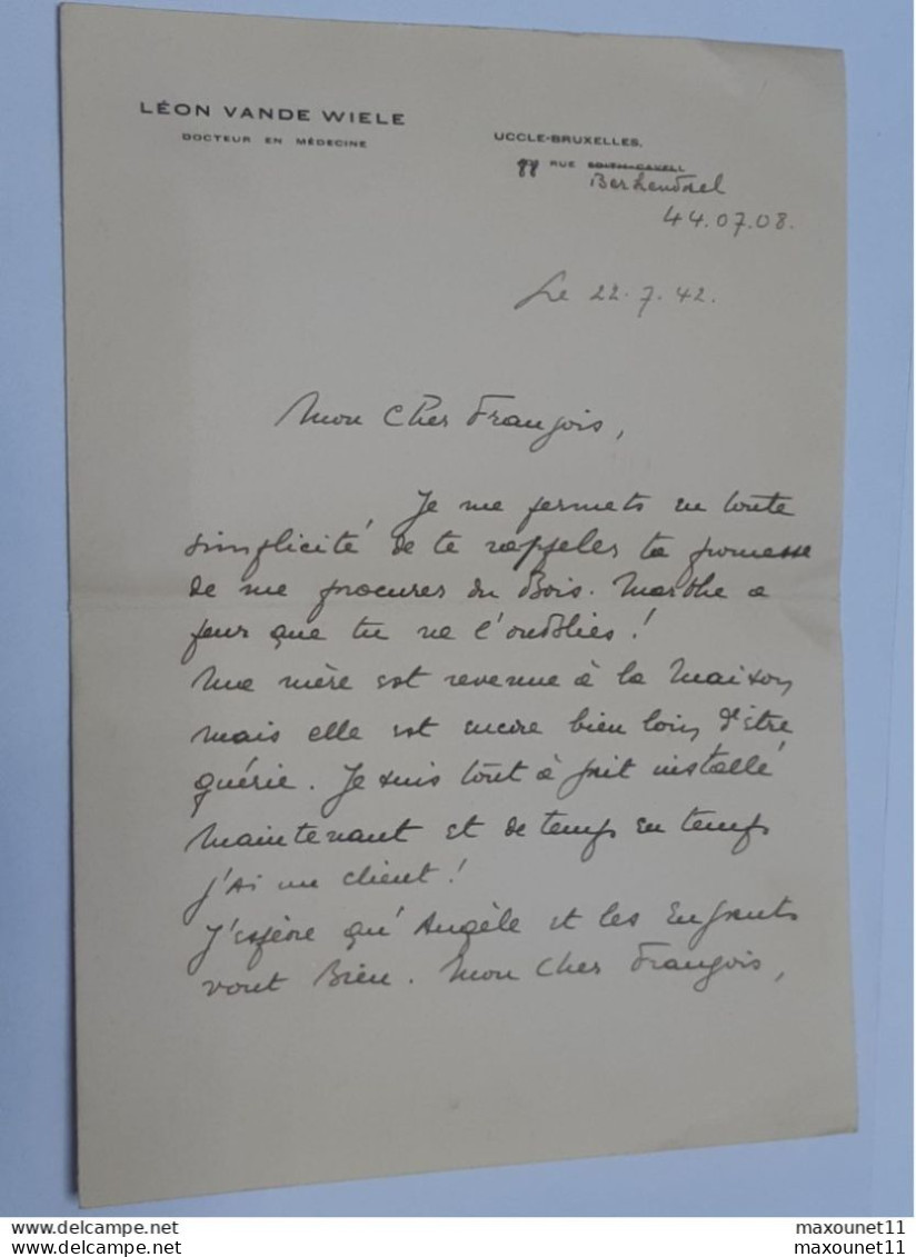 Ancienne Lettre Envoyée Du Docteur Léon Vande Wiele De Uccle Le 22 Juillet 1942 .. Lot10 . - ....-1949