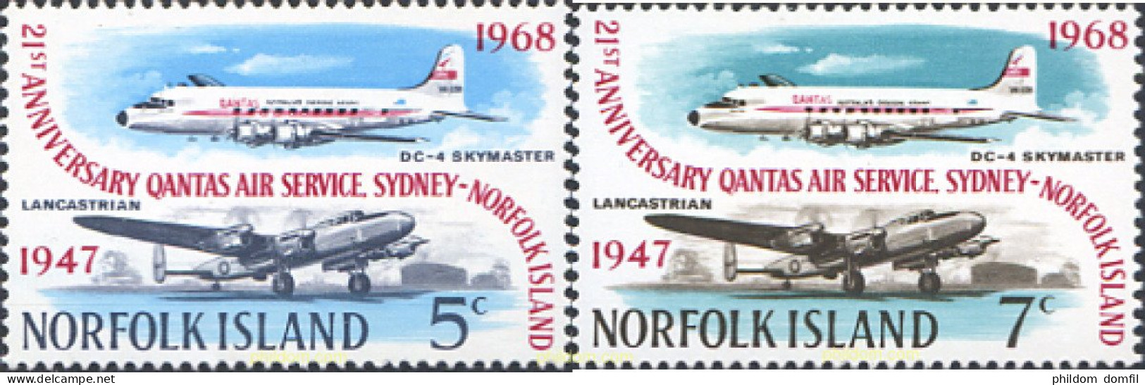 274266 MNH NORFOLK 1968 21 ANIVERSARIO DEL SERVICIO AEREO DE LA COMPAÑIA AEREA QANTAS ENTRE SIDNEY Y NORFOLK - Ile Norfolk