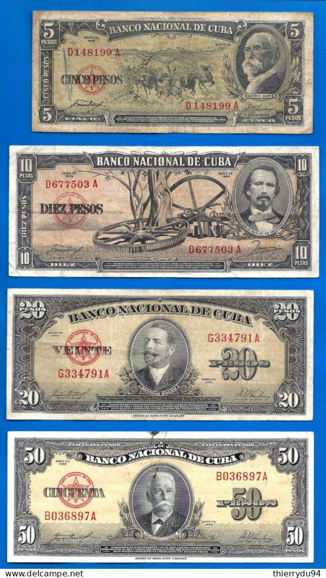 Lot Cuba 5 10 20 50 Pesos 1958 Billet Peso Centavos Kuba Billets - Cuba