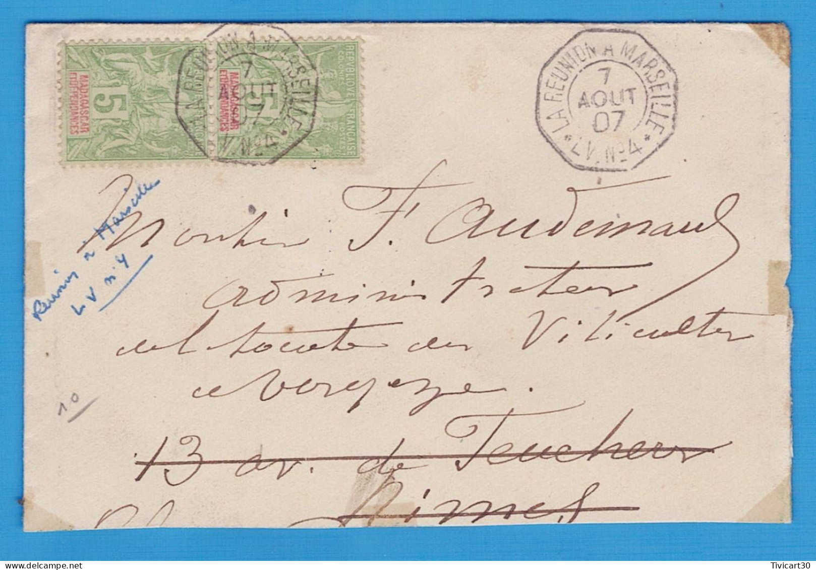 LETTRE PAIRE TIMBRES TYPE SAGE DE MADAGASCAR - OBLITERATION REUNION A MARSEILLE LV N° 4 DU 7 AOUT 1907 - Brieven En Documenten