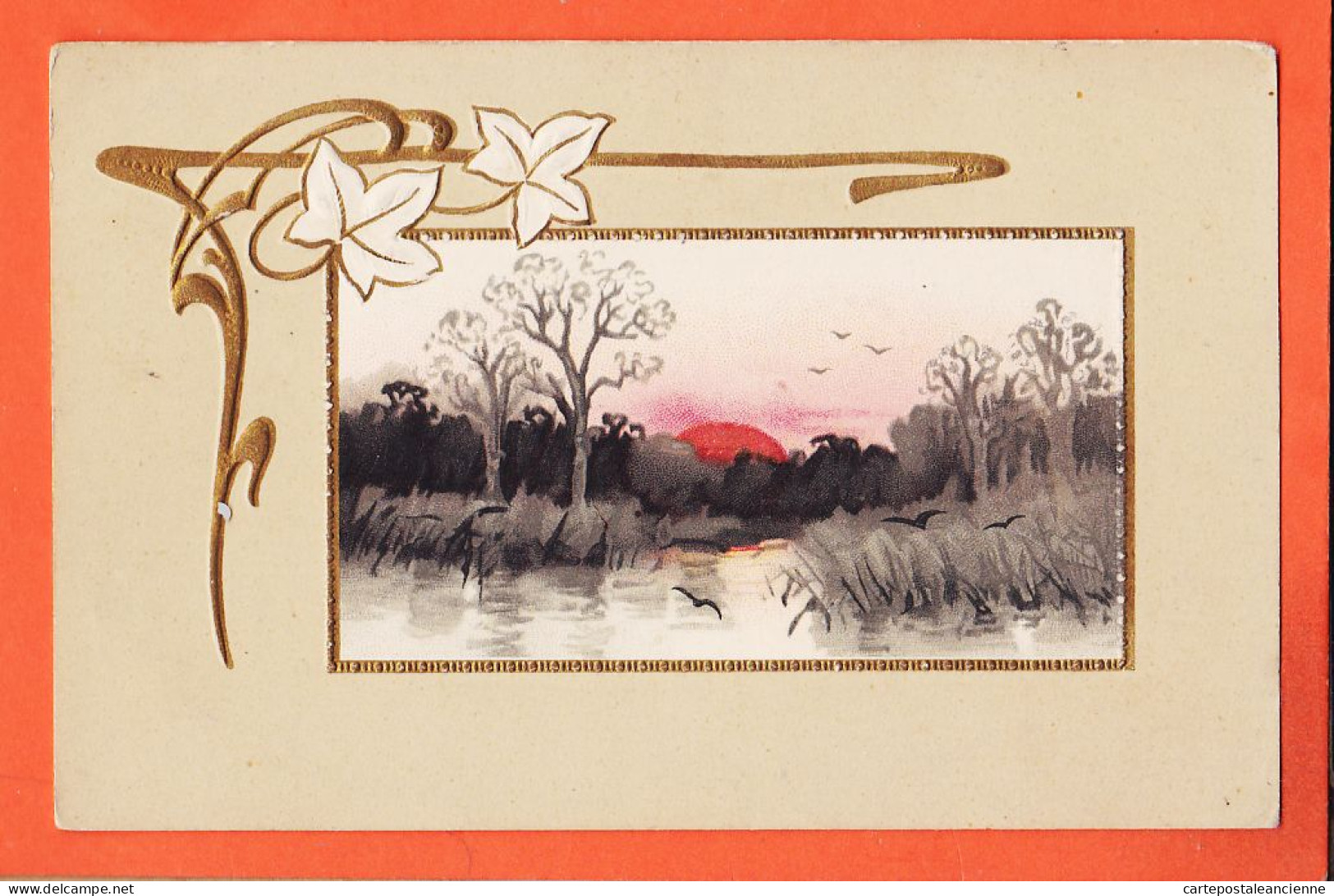 30905 / Carte Gaufrée Paysage Marais Soleil Couchant Décor Floral Art-Decor 1905 BOUSIGNAS à CAPDEVILLE Bois-Colombe  - 1900-1949