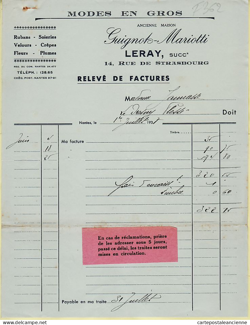 30753 / ⭐ ◉ NANTES LERAY GUIGNOT MARIOTTI Modes En Gros Ruban Soierie Rue Strasbourg Facture 01-07-1937 à JAUMASSE - Textile & Clothing