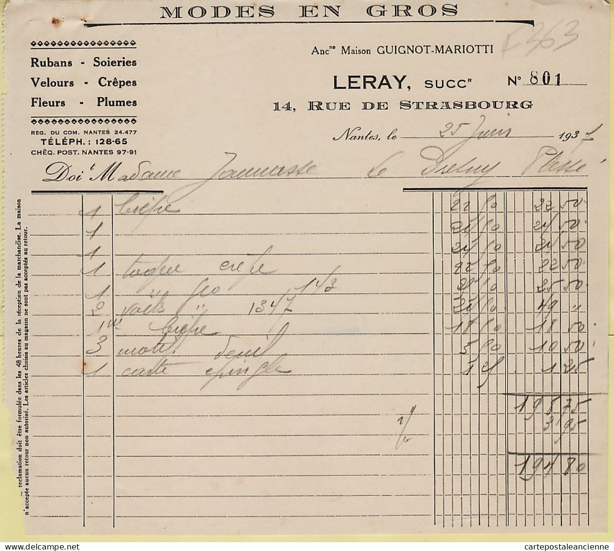 30754 / ⭐ ◉ NANTES LERAY GUIGNOT MARIOTTI Modes En Gros Ruban Plume Rue Strasbourg Facture 25-06-1937 à JAUMASSE - Textile & Clothing