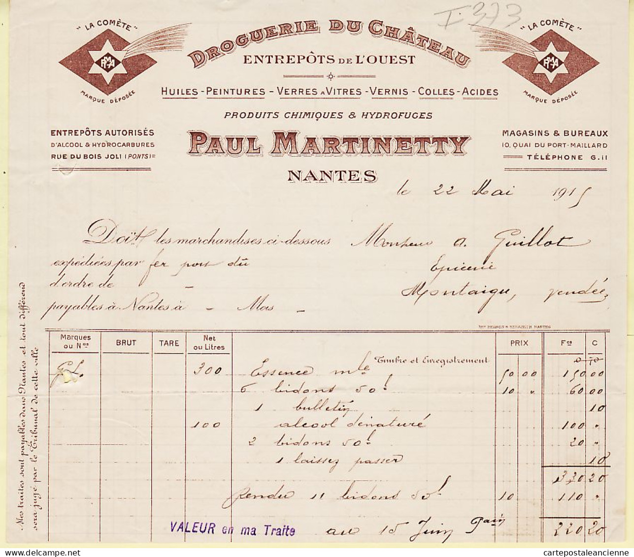 30755 / ⭐ ◉ NANTES Droguerie Du Chateau Paul MARTINETTY Produits Chimiques Hydrofuges Facture 05-1915 à GUILLOT Montaigu - Droguerie & Parfumerie