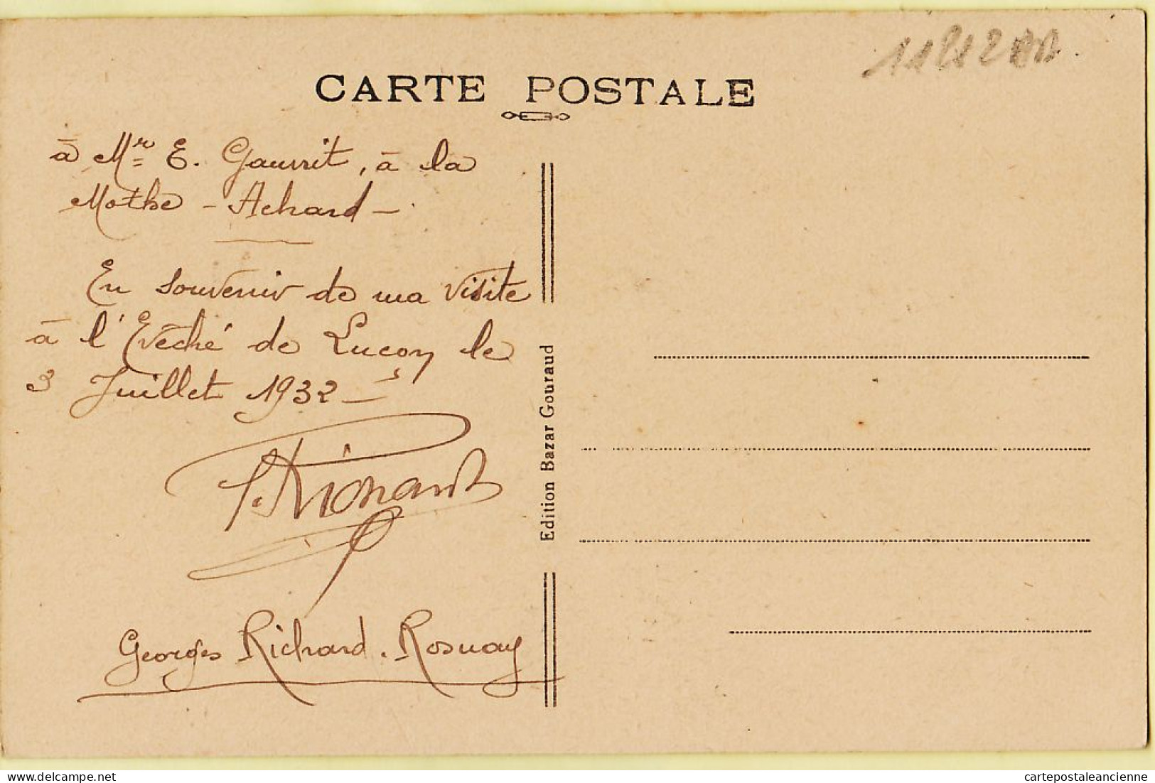 30560 / Autographe Dédicace Georges Richard ROSNAY 1932 à GAURRIT Mothe Achard-LUCON Salon Palais Episcopal - Lucon