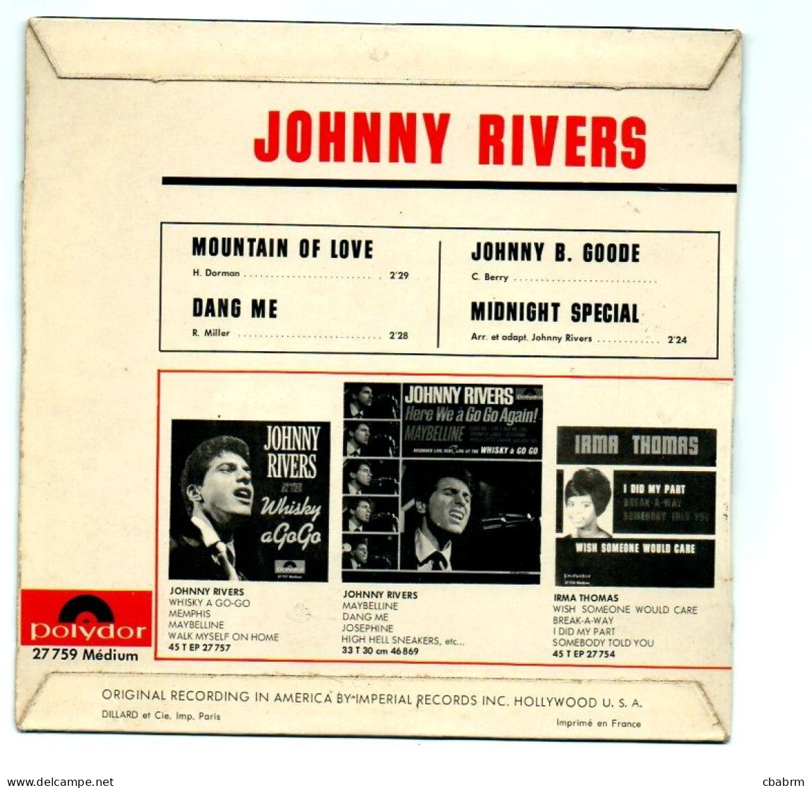 EP 45 TOURS JOHNNY RIVERS MOUNTAIN OF LOVE FRANCE POLYDOR 27759 - 7" - Rock