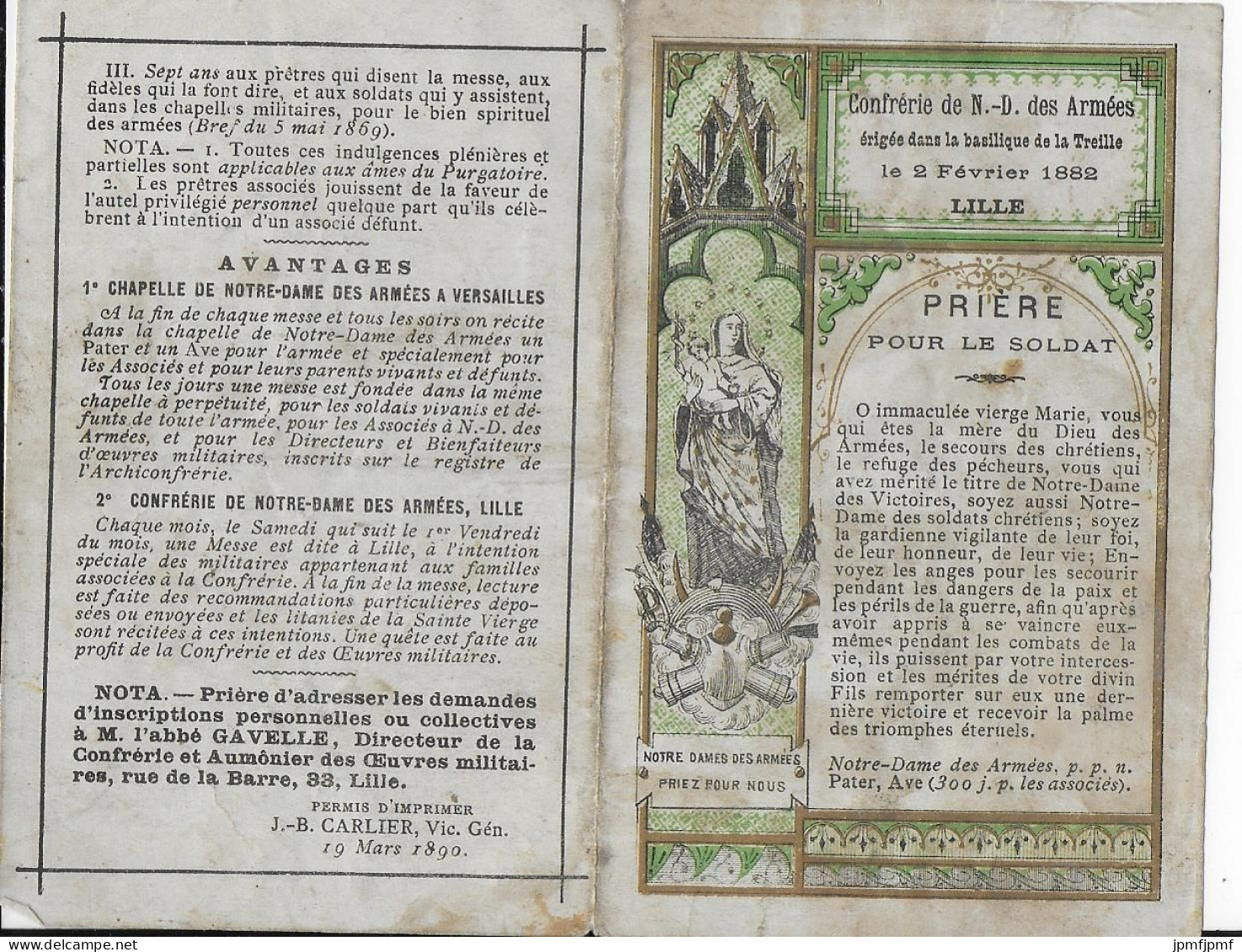 LILLE   1882   Prière Pour Le Soldat - Historische Documenten