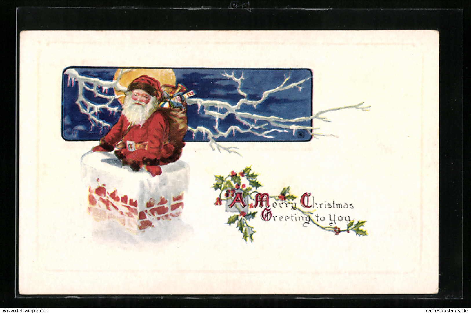 AK Merry Christmas Greetings To You, Weihnachtsmann Mit Geschenksack Auf Dem Schornstein  - Santa Claus