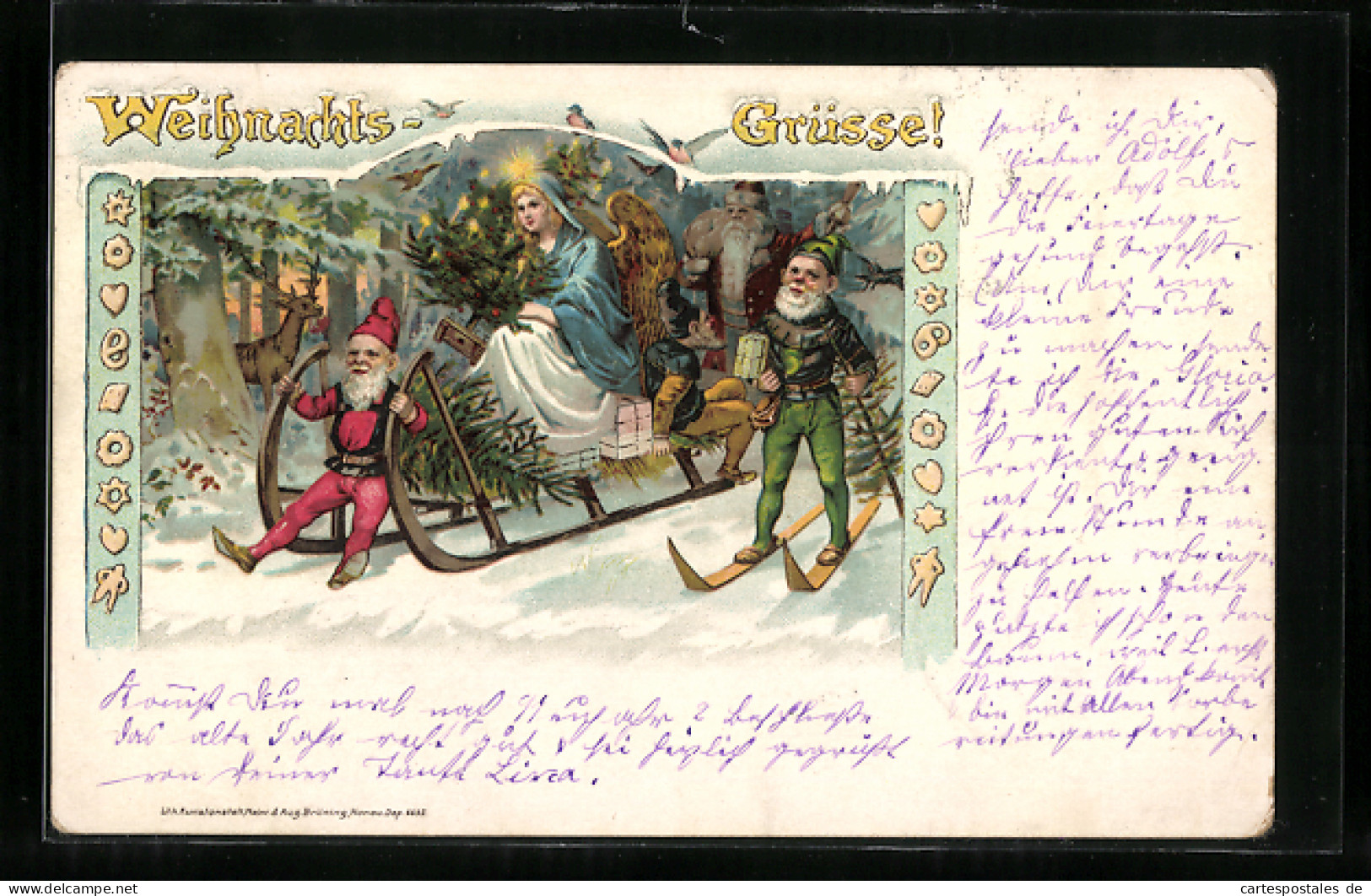 Lithographie Weihnachts-Grüsse!, Wichtel Auf Skiern Begleiten Das Christkind Auf Schlitten  - Other & Unclassified