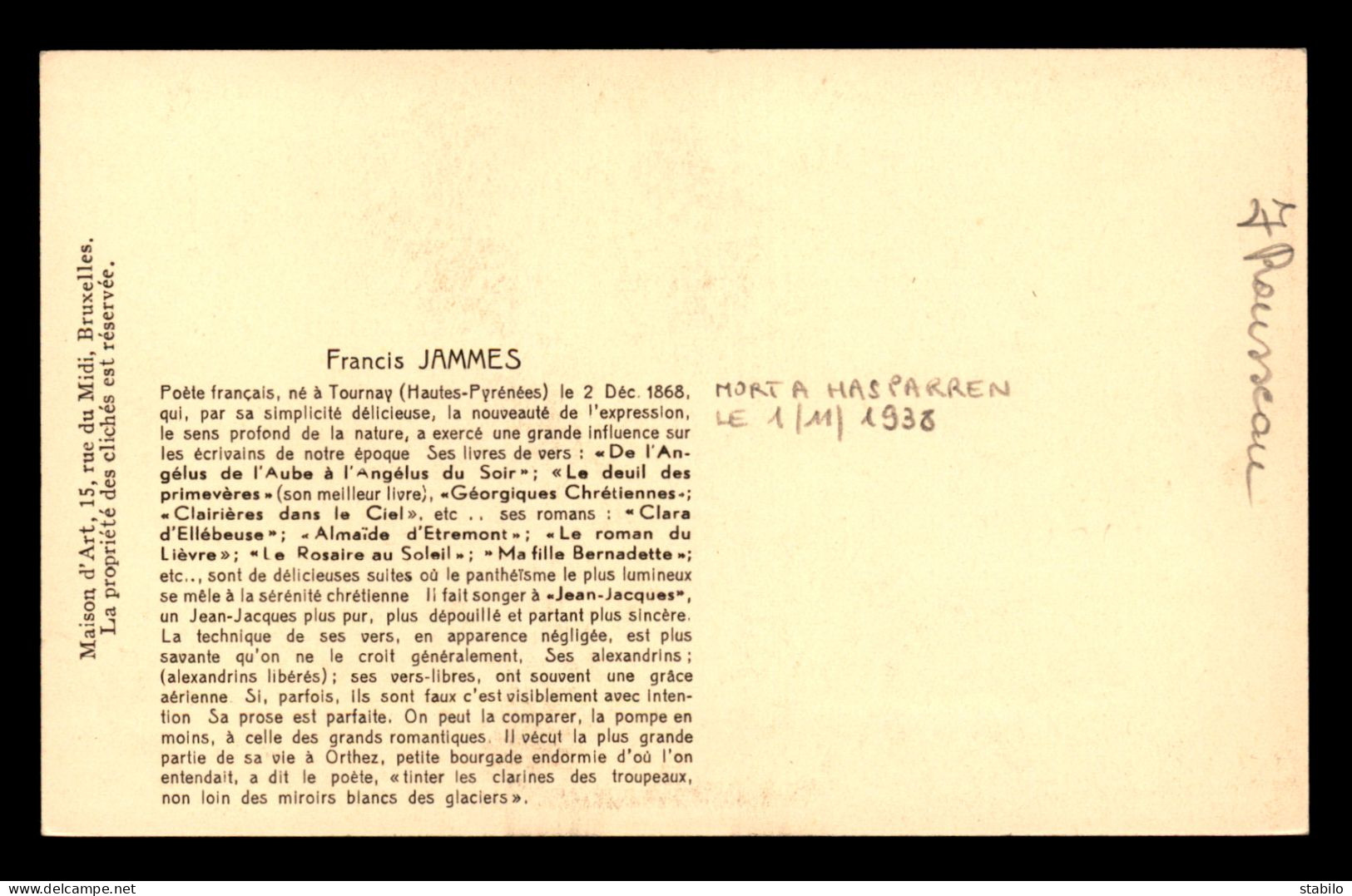 ECRIVAINS - FRANCIS JAMMES (1868-1938) POETE FRANCAIS DECEDE A HASPARREN - Writers