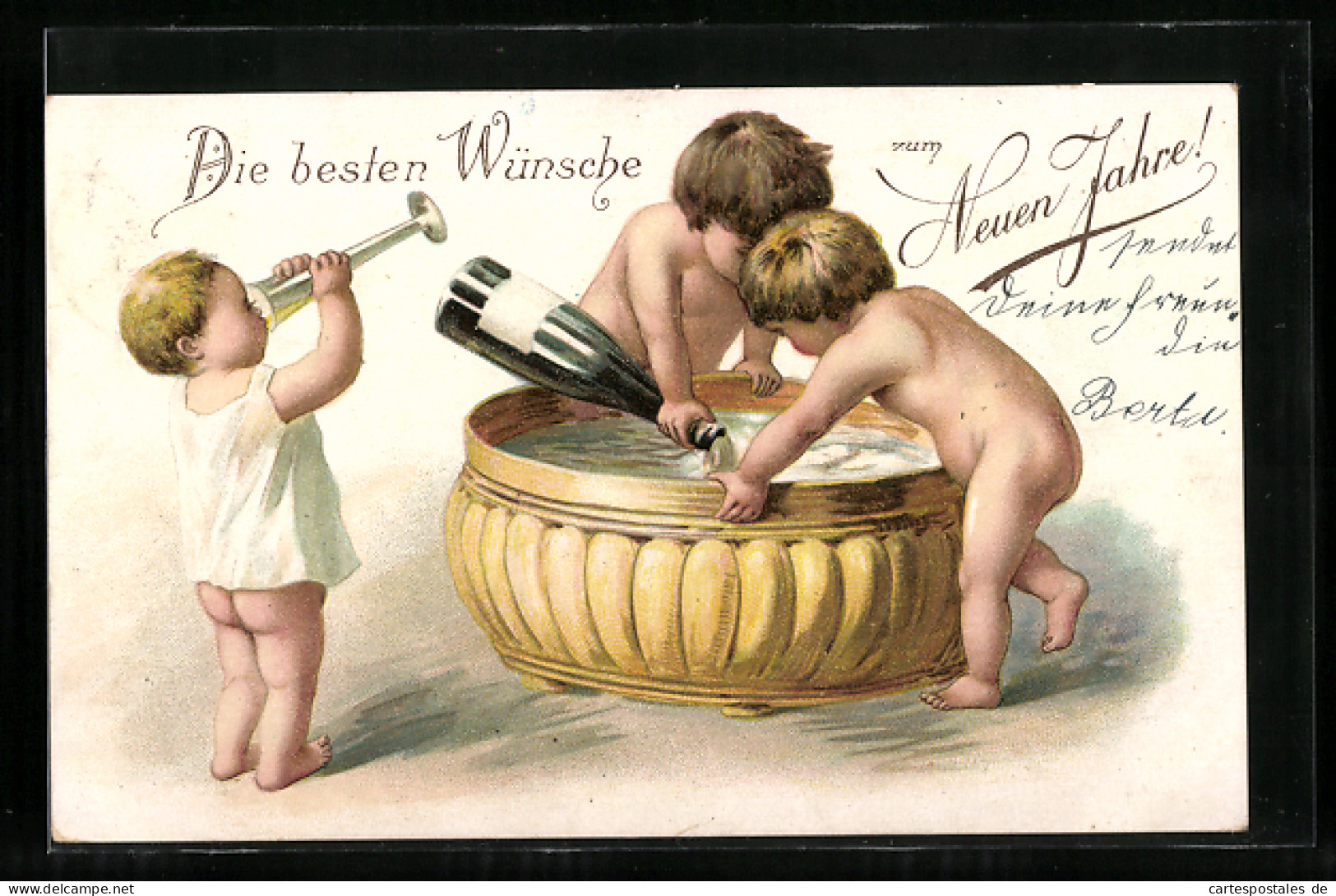 Lithographie Neujahrsgruss, Kleine Nackedeis Kosten Vom Champagner  - New Year