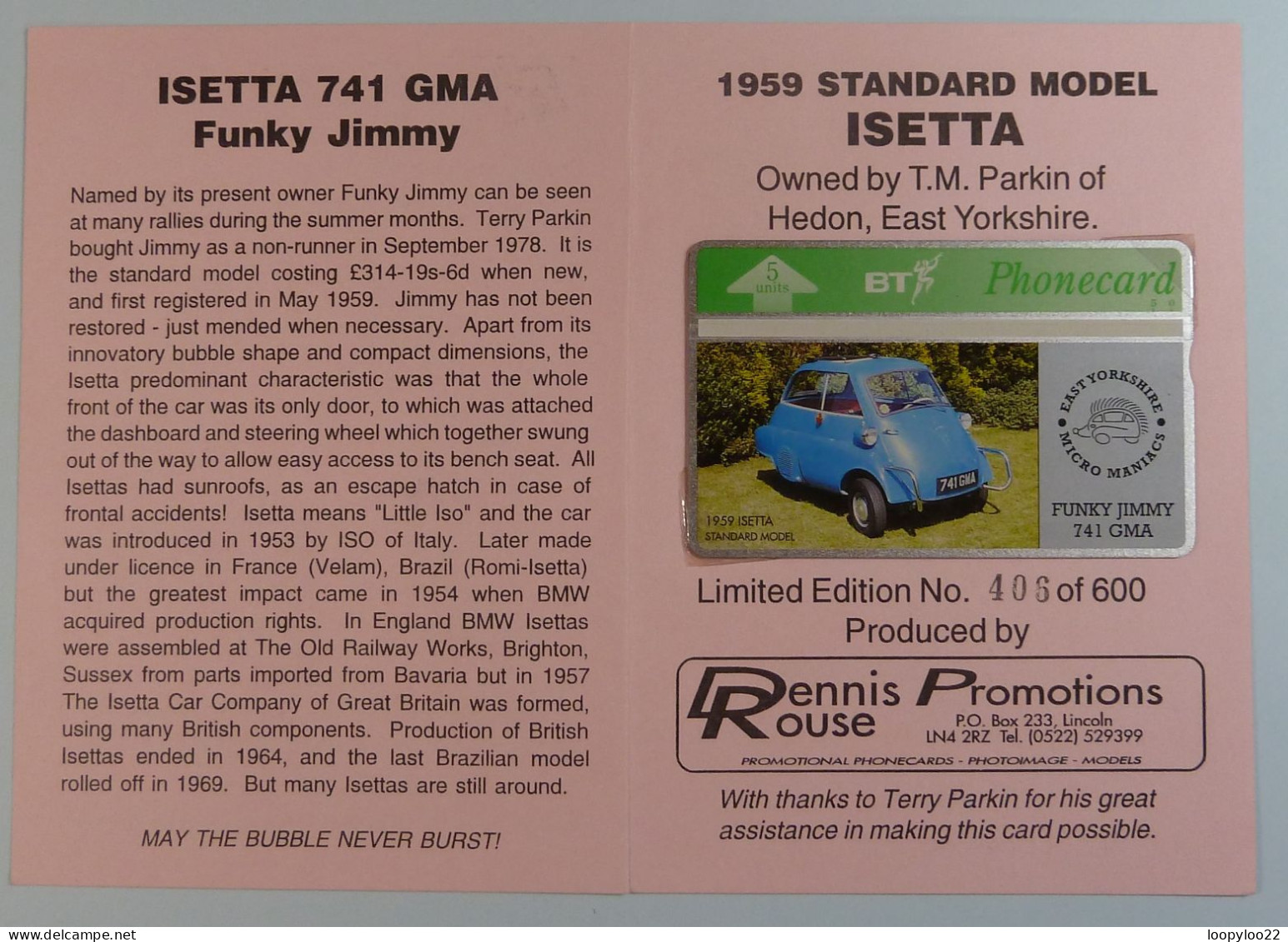 UK - BT - L&G - Micro Maniacs - 1959 Isetta - 309G - BTG204 - Ltd Ed - 600ex - Mint In Folder - BT General Issues