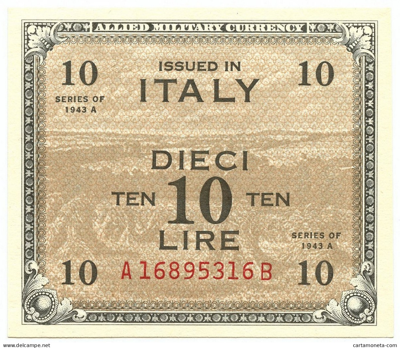 10 LIRE OCCUPAZIONE AMERICANA IN ITALIA BILINGUE FLC A-B 1943 A FDS-/FDS - Occupazione Alleata Seconda Guerra Mondiale