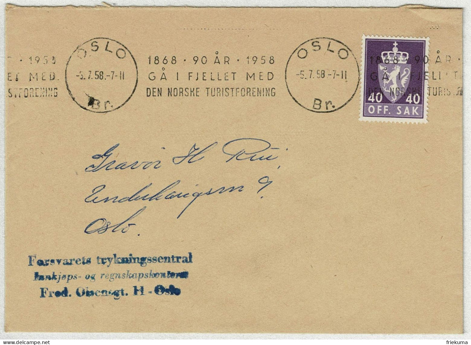 Norwegen / Norge 1958, Brief Oslo, Dienstmarke Off.Sak, Tourismusförderung, Gehe In Die Berge - Autres & Non Classés