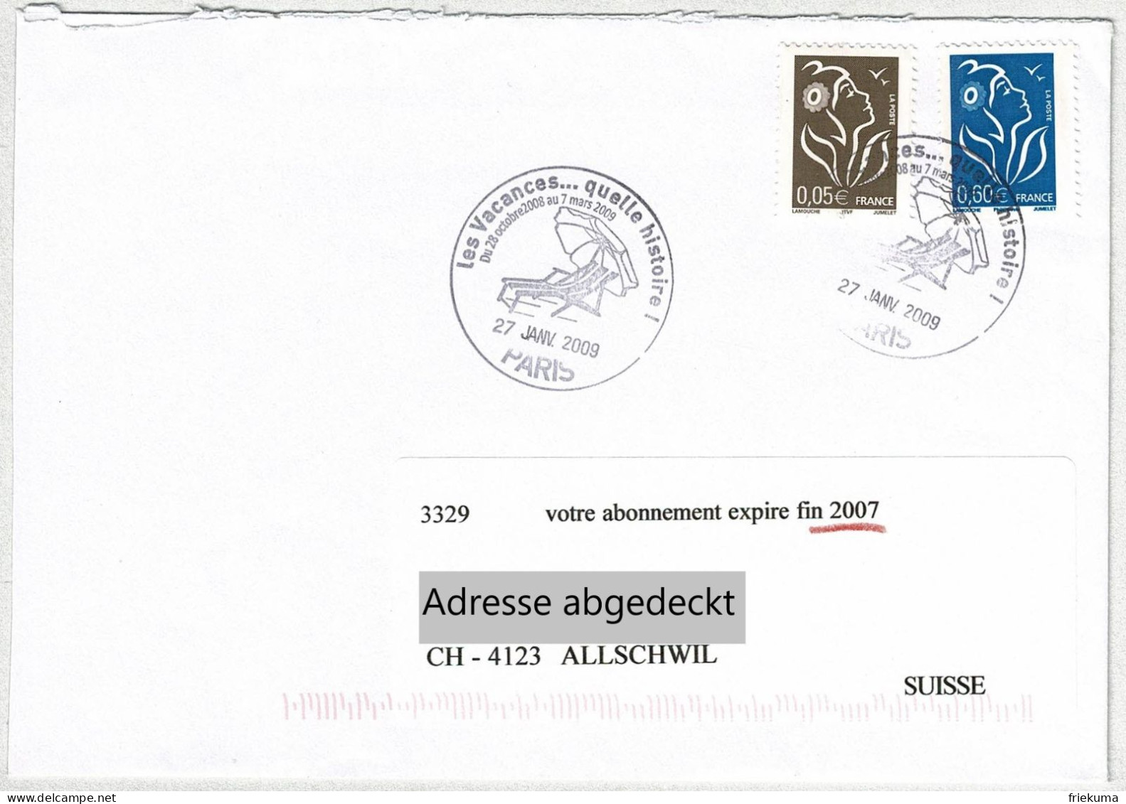 Frankreich / France 2009, Briefausschnitt Paris - Allschwil (Schweiz), Ferien/Vacances/Holiday, Liegestuhl, Sonnenschirm - Autres & Non Classés