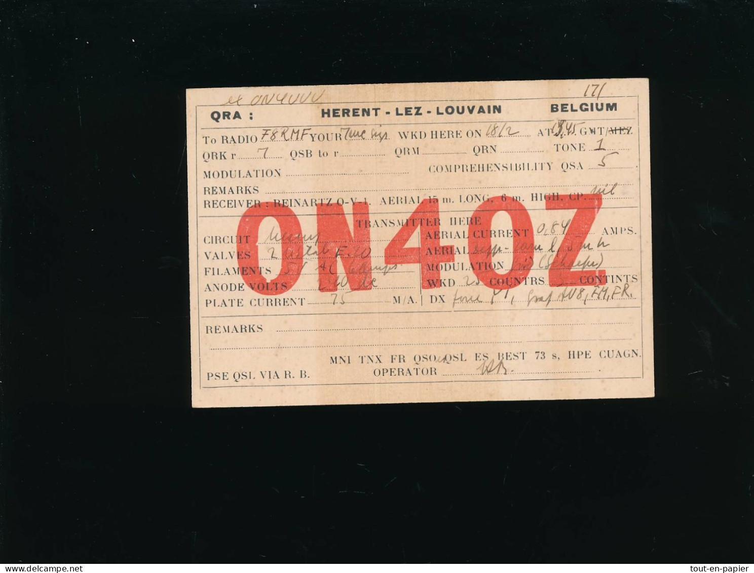 QSL Carte Radio - 1945 - Belgique Belgium Herent Lez Louvain ONAZ - Amateurfunk