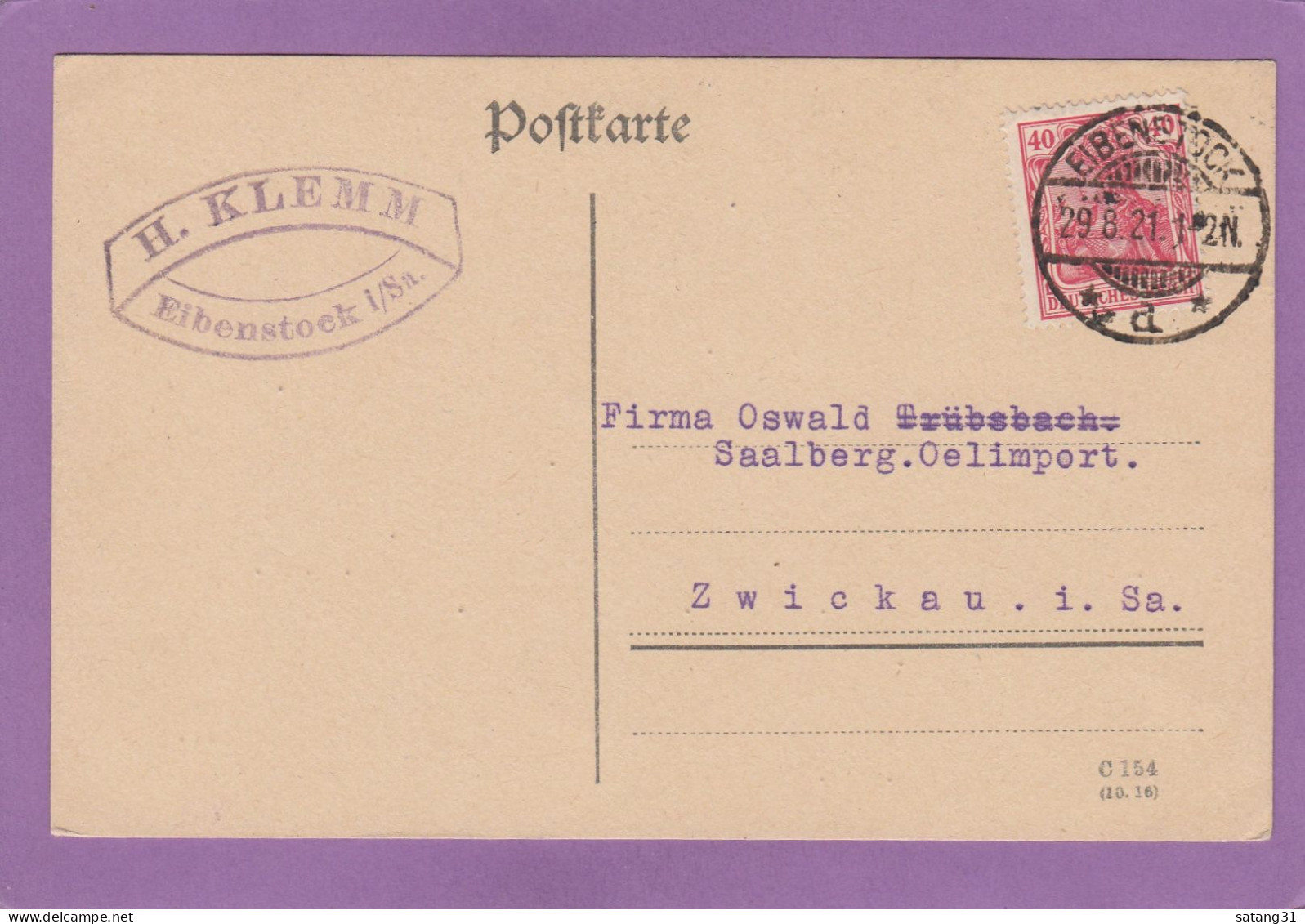 POSTKARTE AUS EIBENSTOCK AN EINER ÖLIMPORTFIRMA IN ZWICKAU, 1921. - Lettres & Documents