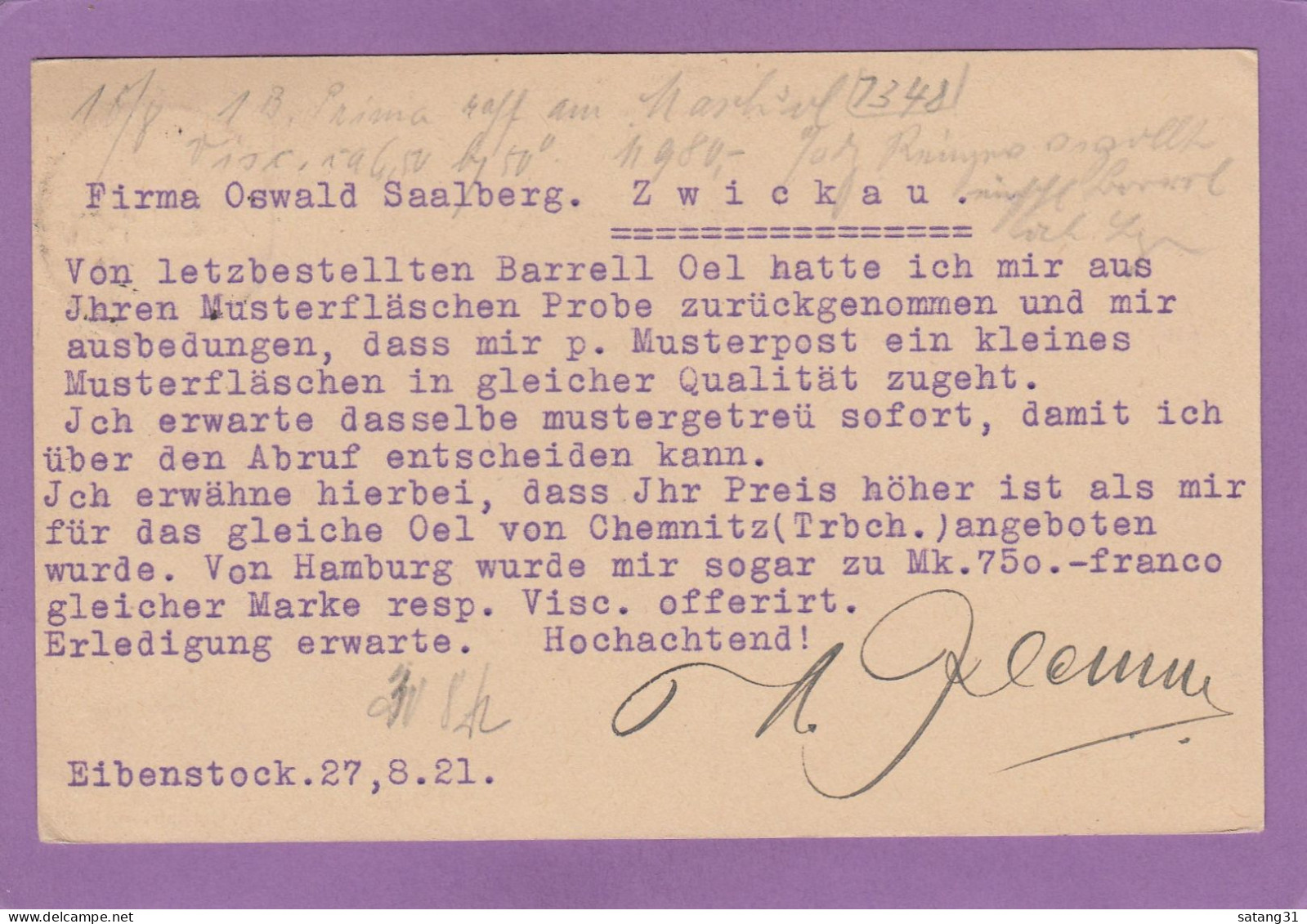 POSTKARTE AUS EIBENSTOCK AN EINER ÖLIMPORTFIRMA IN ZWICKAU, 1921. - Cartas & Documentos