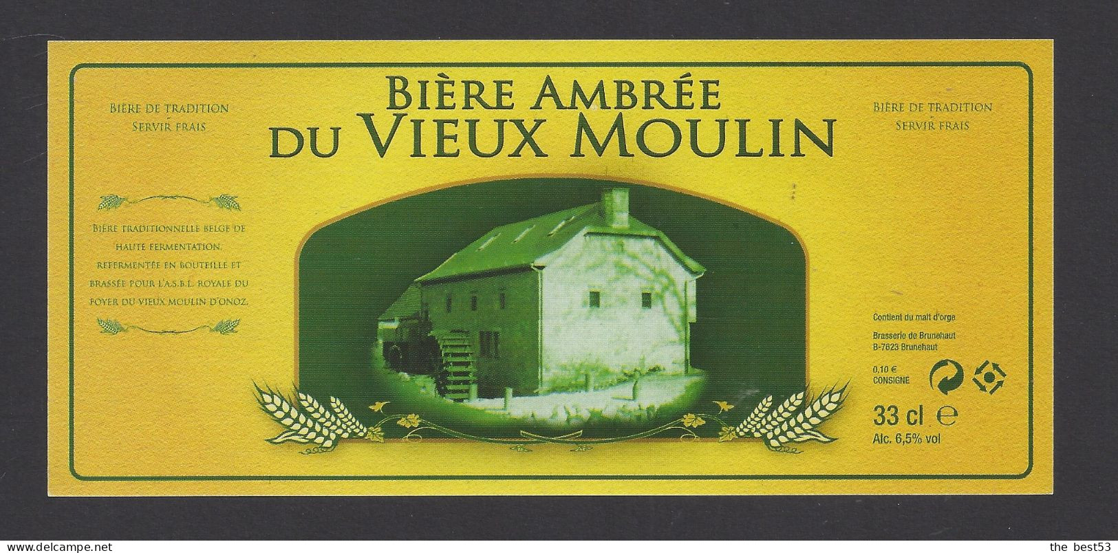 Etiquette De Bière Ambrée  -  Brasserie De Brunehaut Pour L'ASBL Royale Du Foyer Du Vieux Moulin D'Onoz (Belgique) - Bière