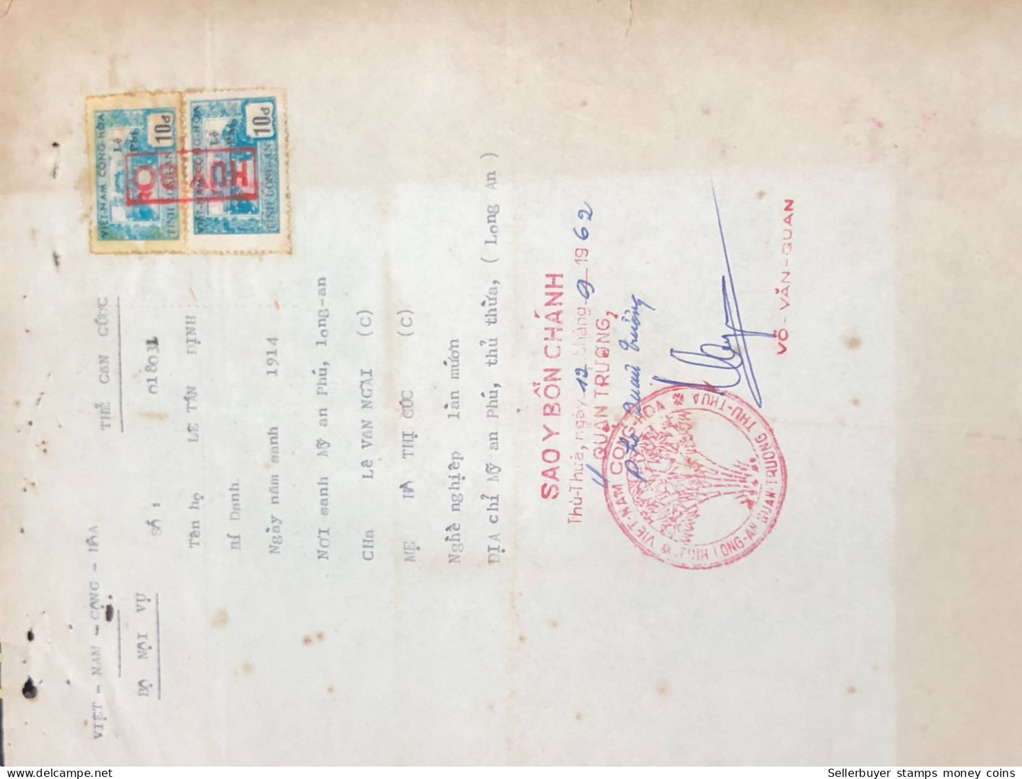 Viet Nam Suoth Old Documents That Have Children Authenticated(10$ Long An 1962) PAPER Have Wedge QUALITY:GOOD 1-PCS Very - Collezioni