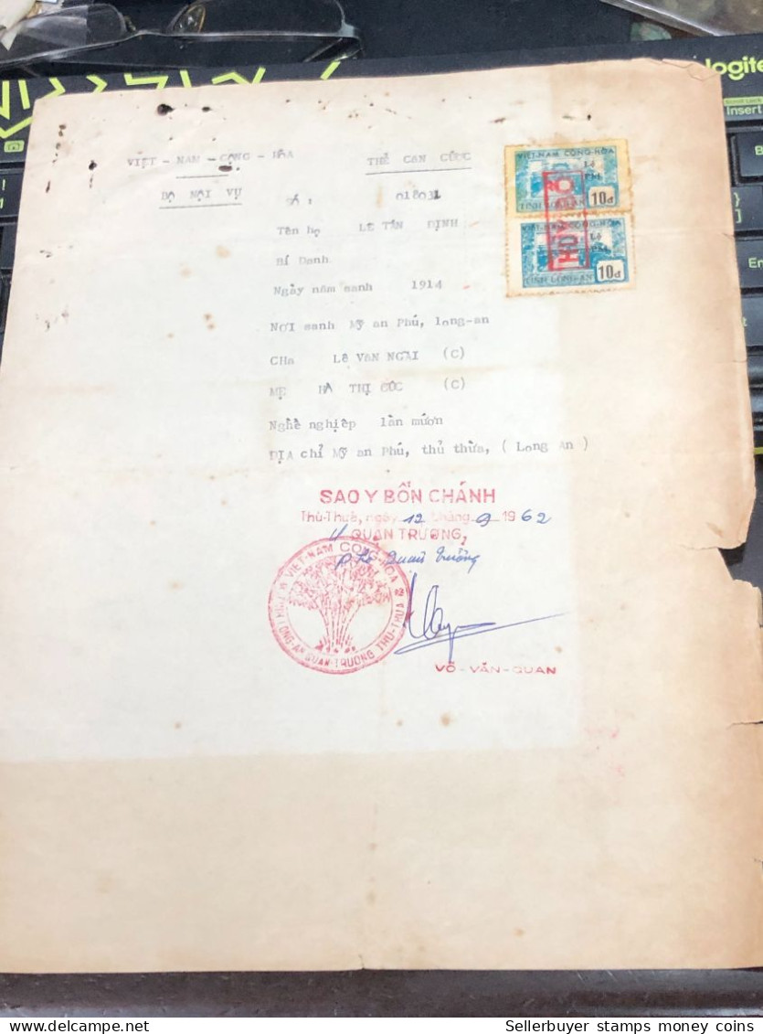 Viet Nam Suoth Old Documents That Have Children Authenticated(10$ Long An 1962) PAPER Have Wedge QUALITY:GOOD 1-PCS Very - Collections
