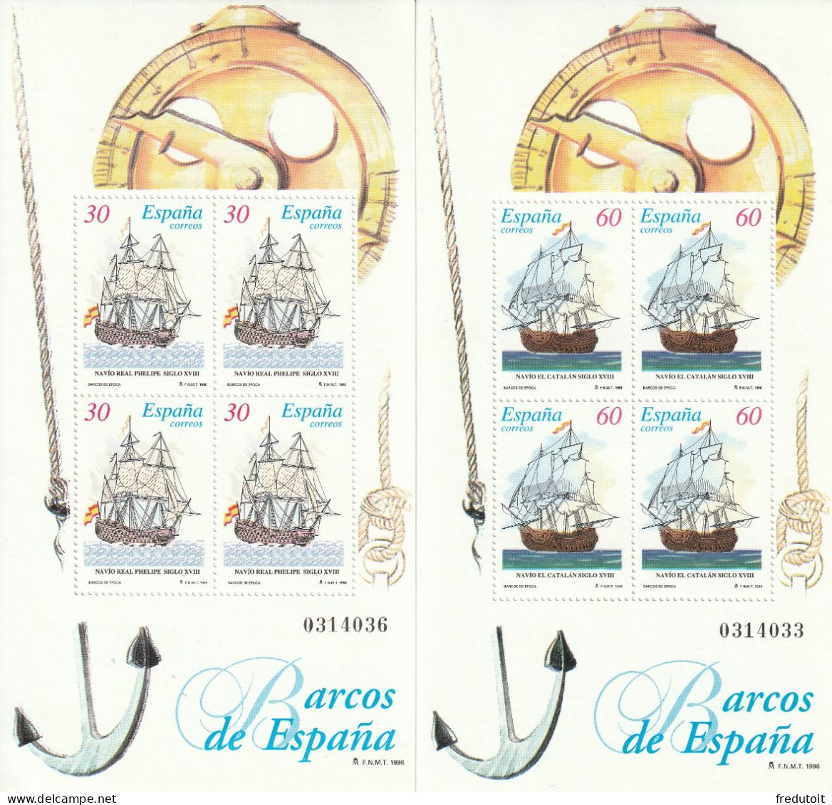 ESPAGNE - 2 BLOCS N°68/9 ** (1996) Navires Espagnols - Blocks & Sheetlets & Panes