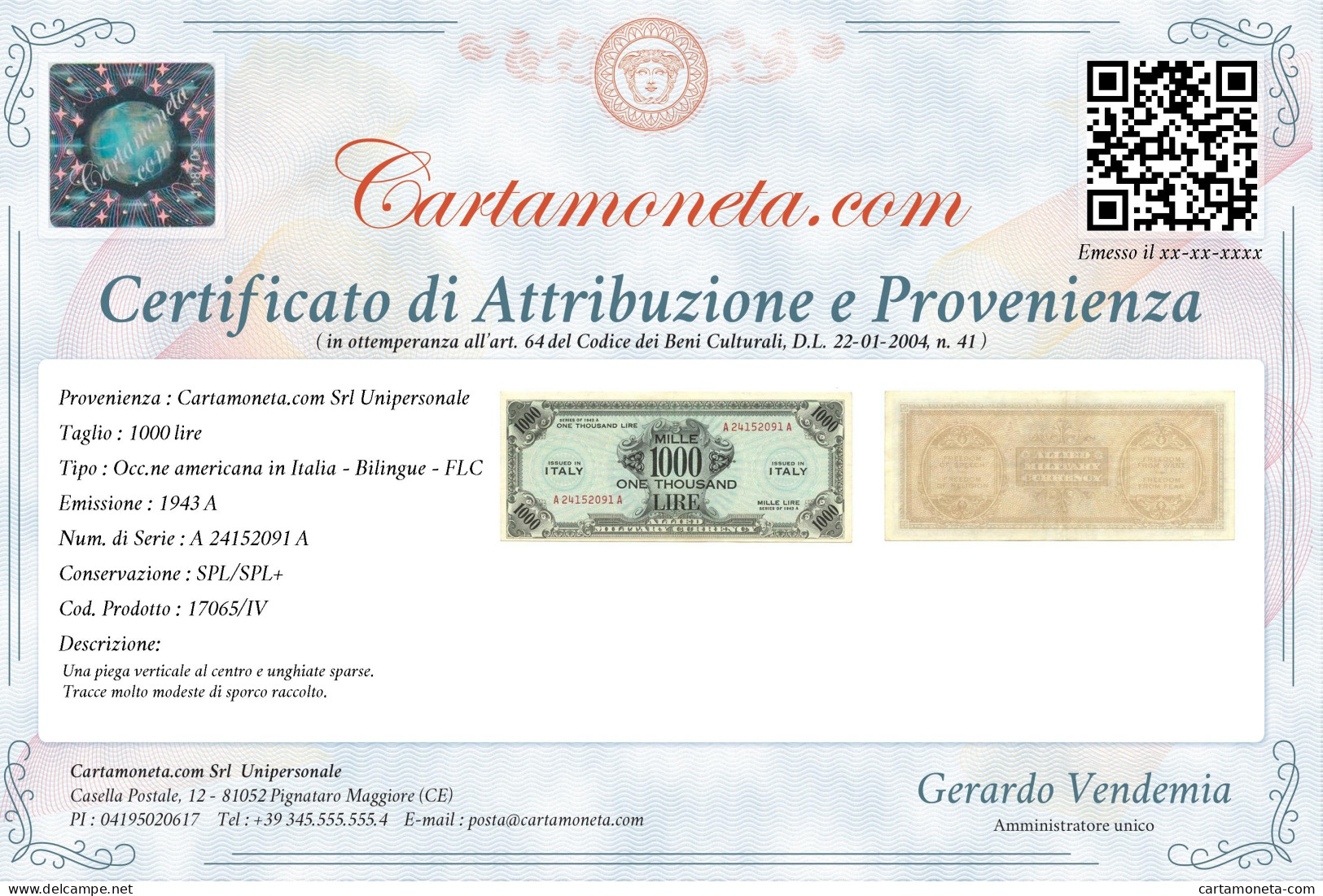 1000 LIRE OCCUPAZIONE AMERICANA IN ITALIA BILINGUE FLC A-A 1943 A SPL/SPL+ - Occupation Alliés Seconde Guerre Mondiale