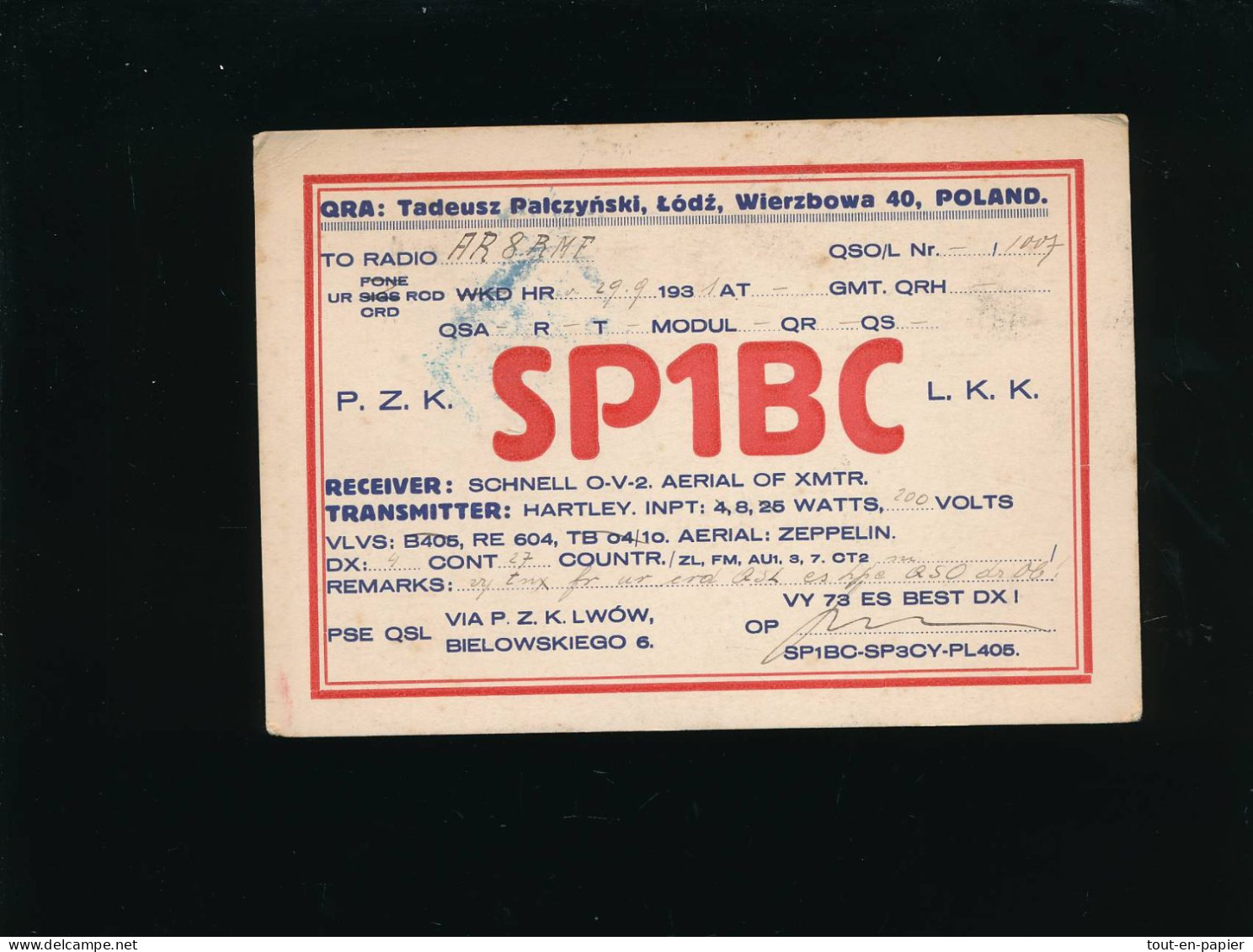 QSL Carte Radio - 1931 - Poland Pologne Polska - Tadeusz¨Palczynski  SP1BC - Radio Amateur