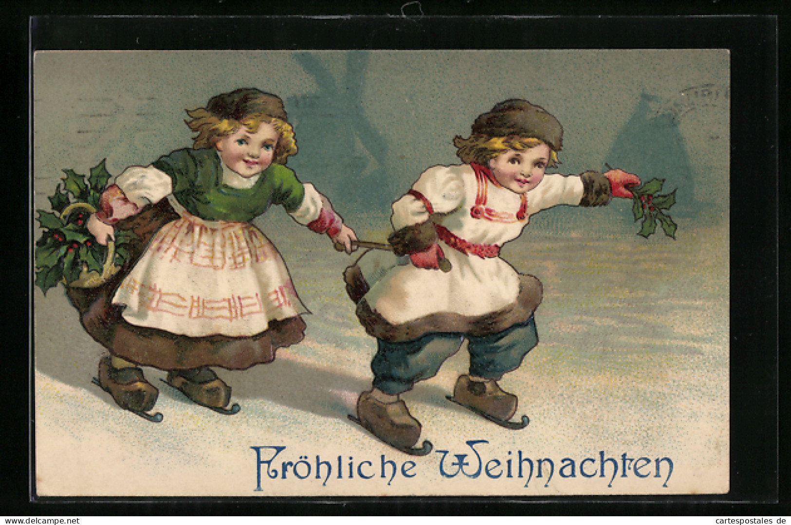 AK Holländisches Kinderpaar Auf Schlittschuhen, Weihnachtsgruss  - Figure Skating