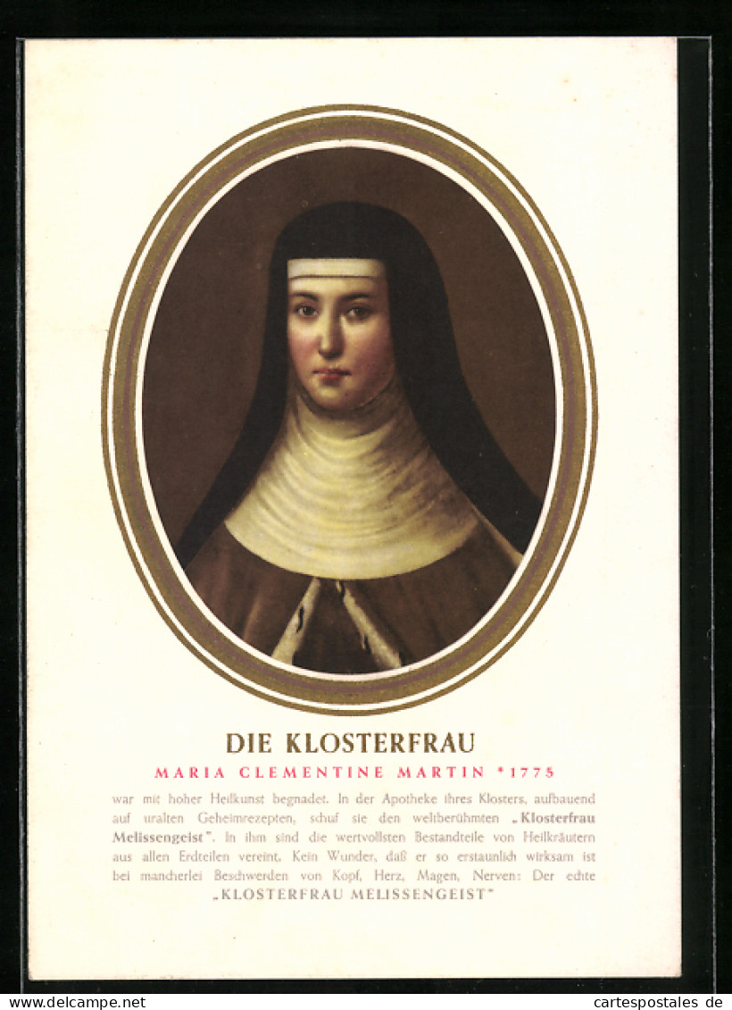 AK Medikament Klosterfrau Melissengeist, Bildnis Klosterfrau Maria Clementine Martin  - Advertising