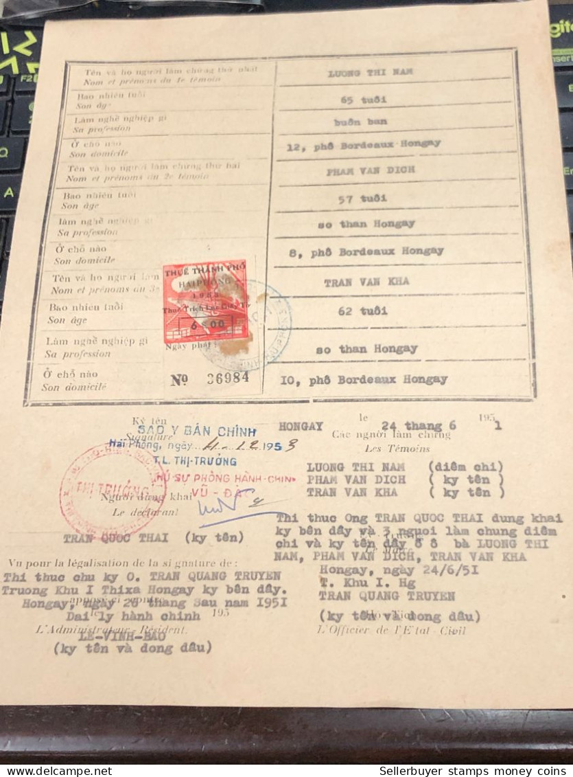 Viet Nam Suoth Old Documents That Have Children Authenticated(6$ Hai Phong 1953) PAPER Have Wedge QUALITY:GOOD 1-PCS Ver - Collections
