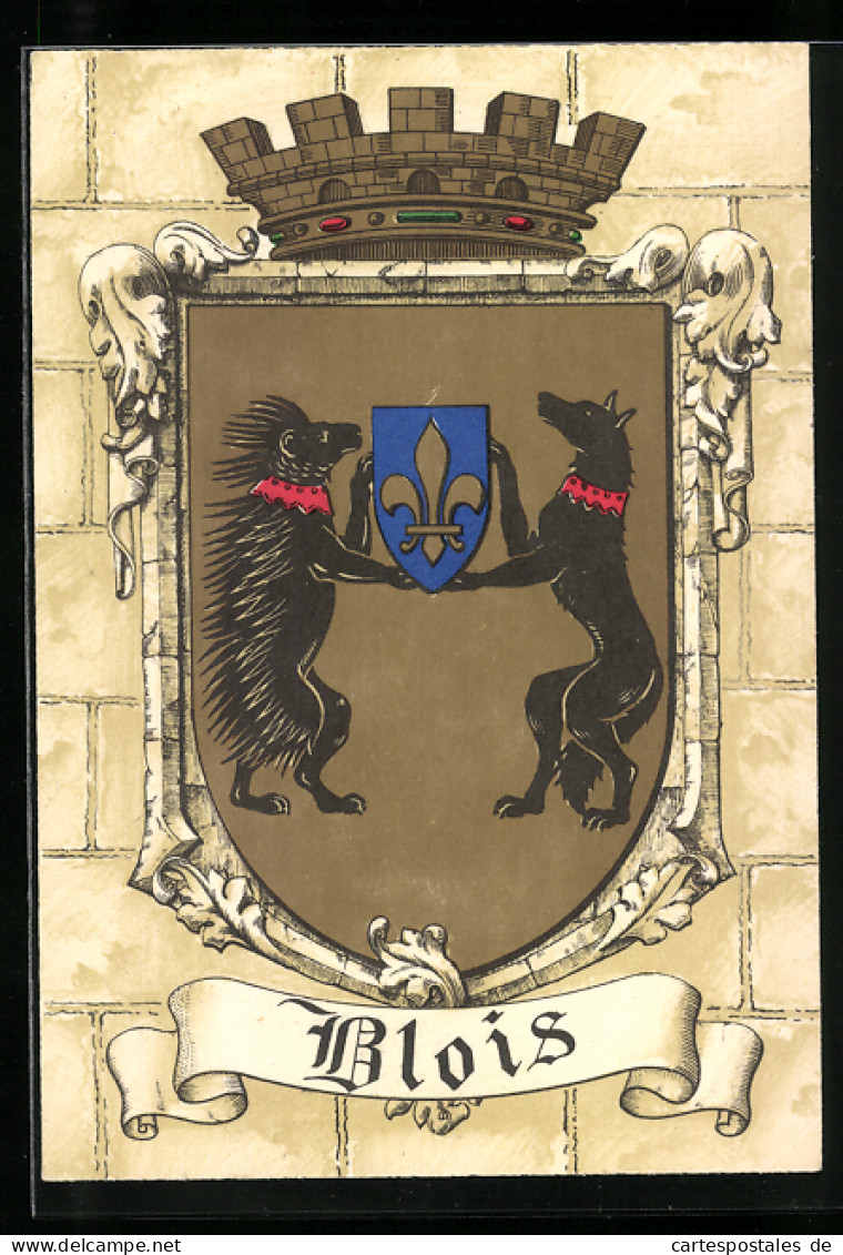 AK Wappen Von Blois Mit Stachelschwein Und Schwarzem Wolf, Die Ein Lilienschild Halten  - Genealogy