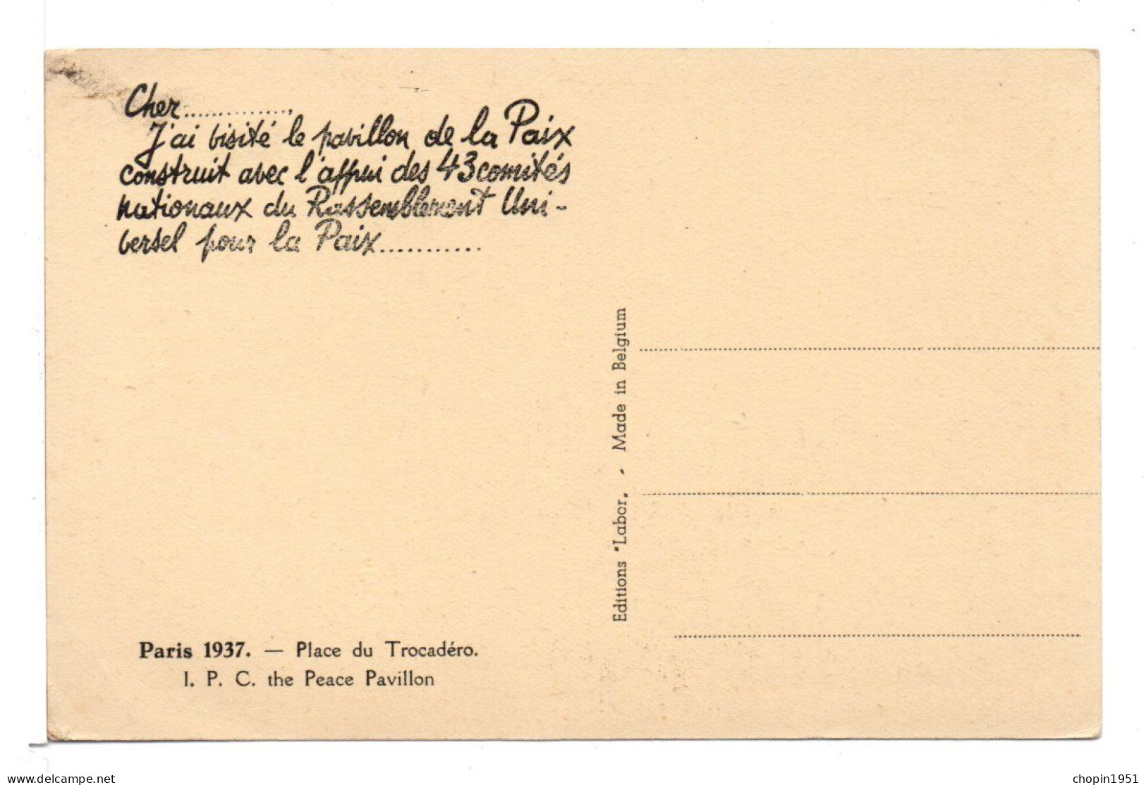 CP - EXPO PARIS 1937 - PAVILLON DE LA PAIX - Exhibitions