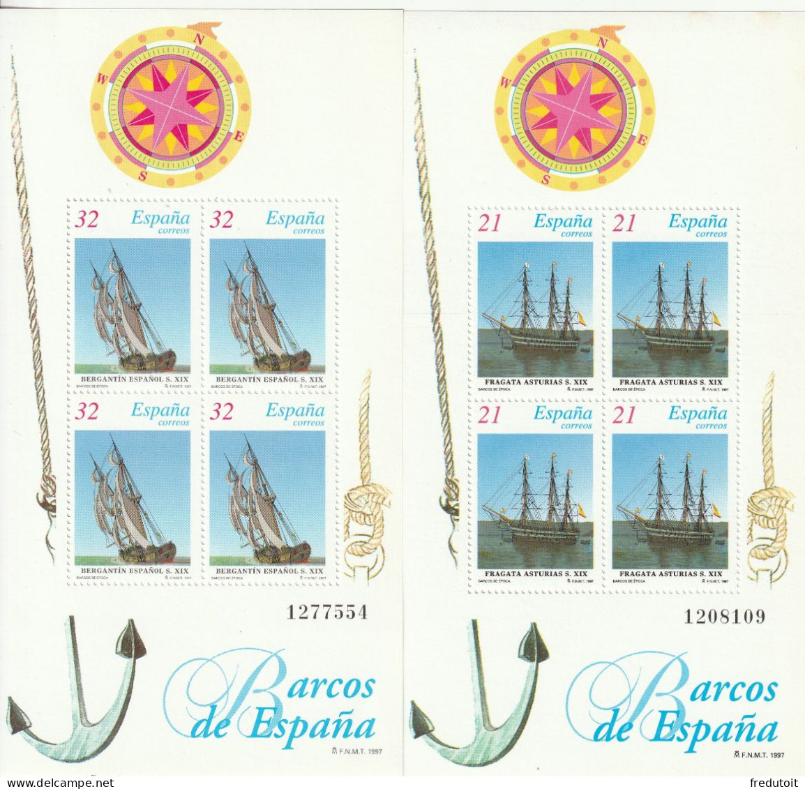 ESPAGNE - 2 BLOCS N°74/5 ** (1997) Navires Espagnols - Blocks & Kleinbögen