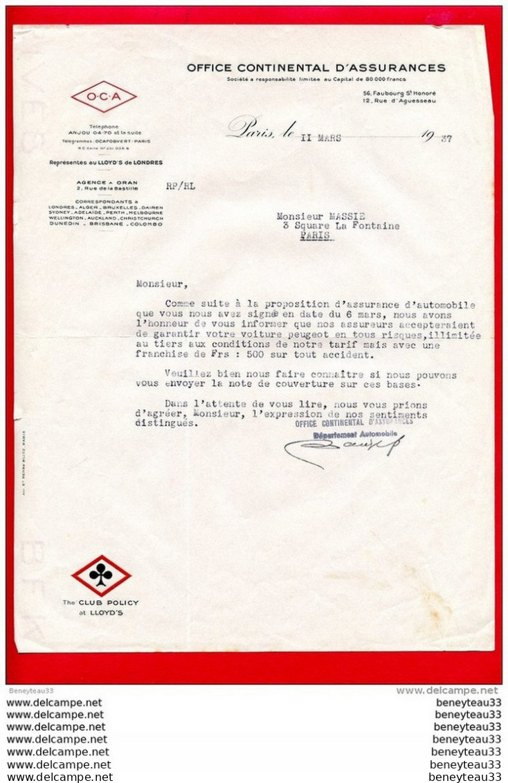 FACTURE (Réf:C131) (VIEUX PAPIERS -Documents Commerciaux) OFFICE CONTINENTAL D'ASSURANCE O . C. A. PARIS - 1900 – 1949