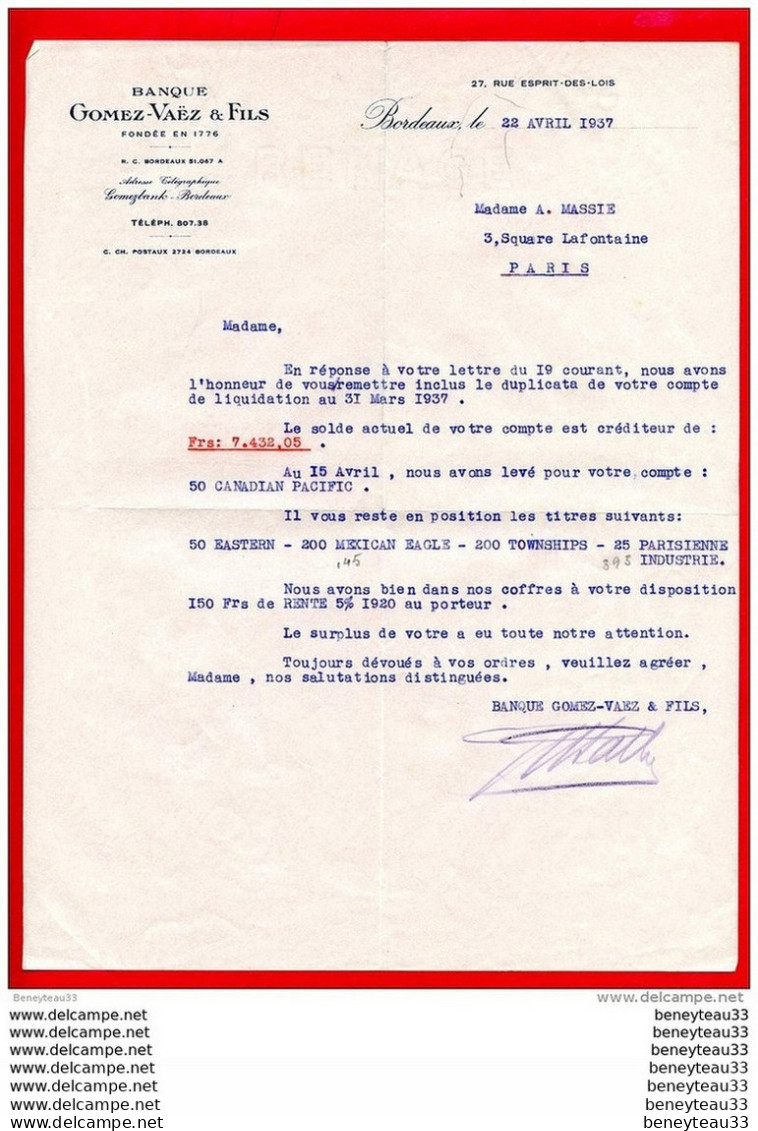 FACTURE (Réf:C135) (VIEUX PAPIERS -Documents Commerciaux) BANQUE GOMEZ-VAËZ &amp; FILS BORDEAUX - 1900 – 1949