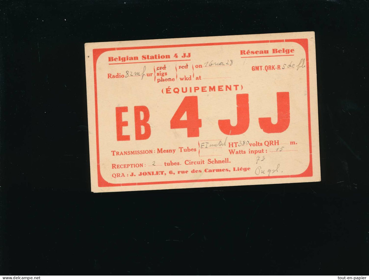 QSL Carte Radio - 1928 - Belgique Belgium  - J. Jonlet Liege - EB 4JJ - Radio Amateur