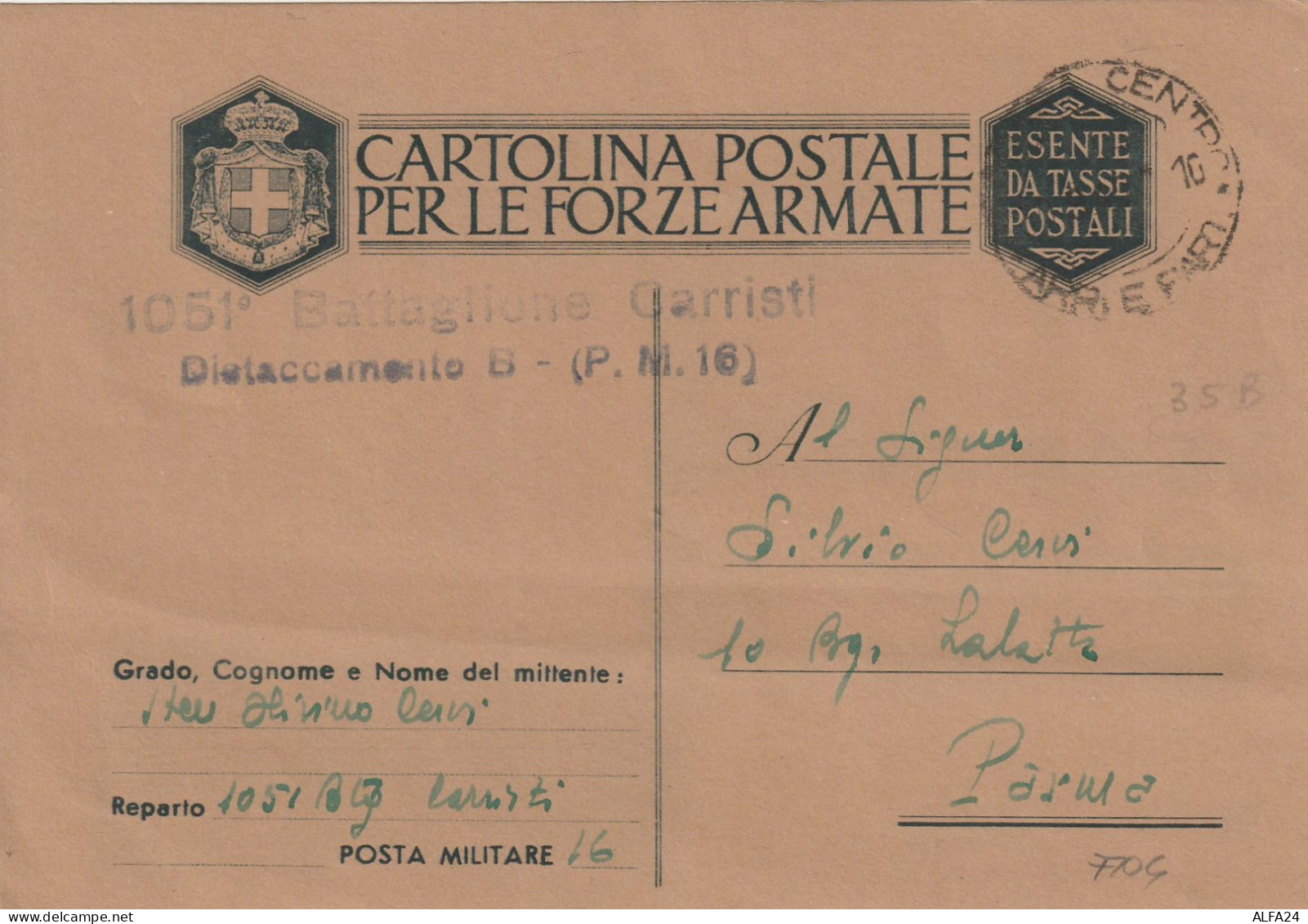 FRANCHIGIA 1943 SENZA FASCI ESENTE DA TASSE POSTALE VIAGGIATA (XT4267 - Franchise