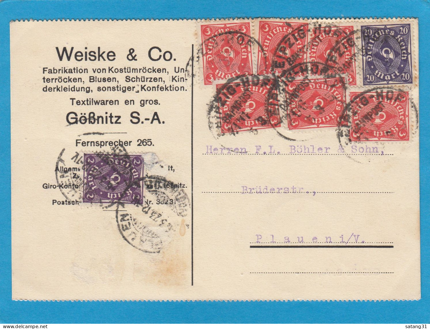 POSTKARTE MIT BAHNPOST STP "LEIPZIG-HOF" UND MIT 40 MARK FRANKATUR VON EINER KONFEKTION- TEXTILWAREN FIRMA AUS GÖSSNITZ. - Lettres & Documents