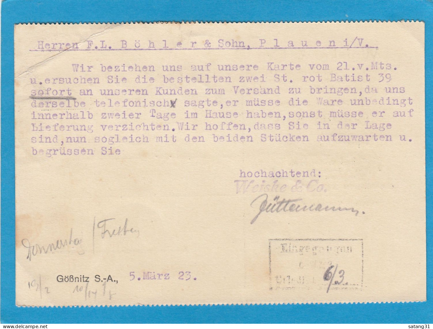 POSTKARTE MIT BAHNPOST STP "LEIPZIG-HOF" UND MIT 40 MARK FRANKATUR VON EINER KONFEKTION- TEXTILWAREN FIRMA AUS GÖSSNITZ. - Covers & Documents