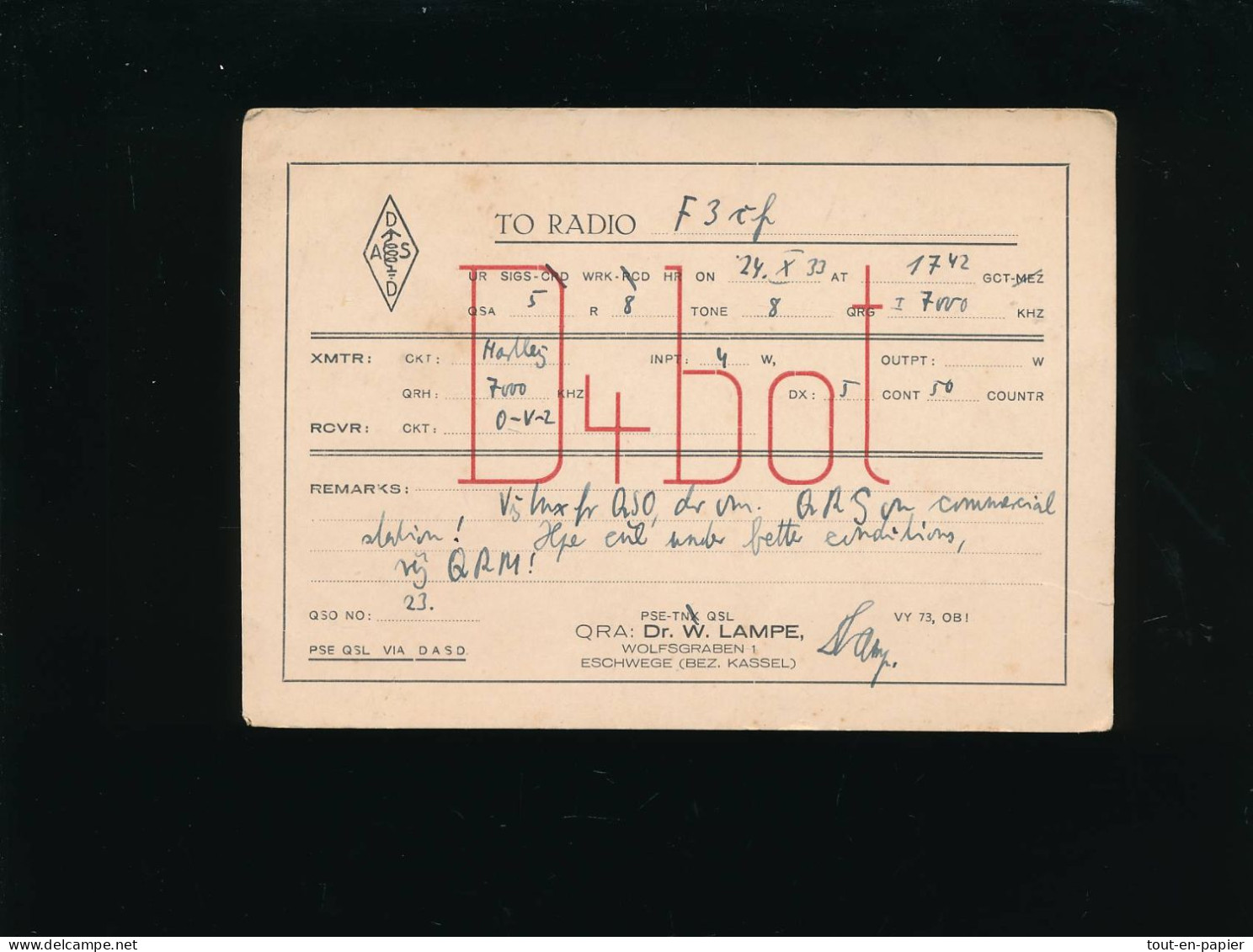 QSL Carte Radio - 1933 - Allemagne Deutschland -  - Qra Dr. W. Lampe - D4bot - Radio Amateur