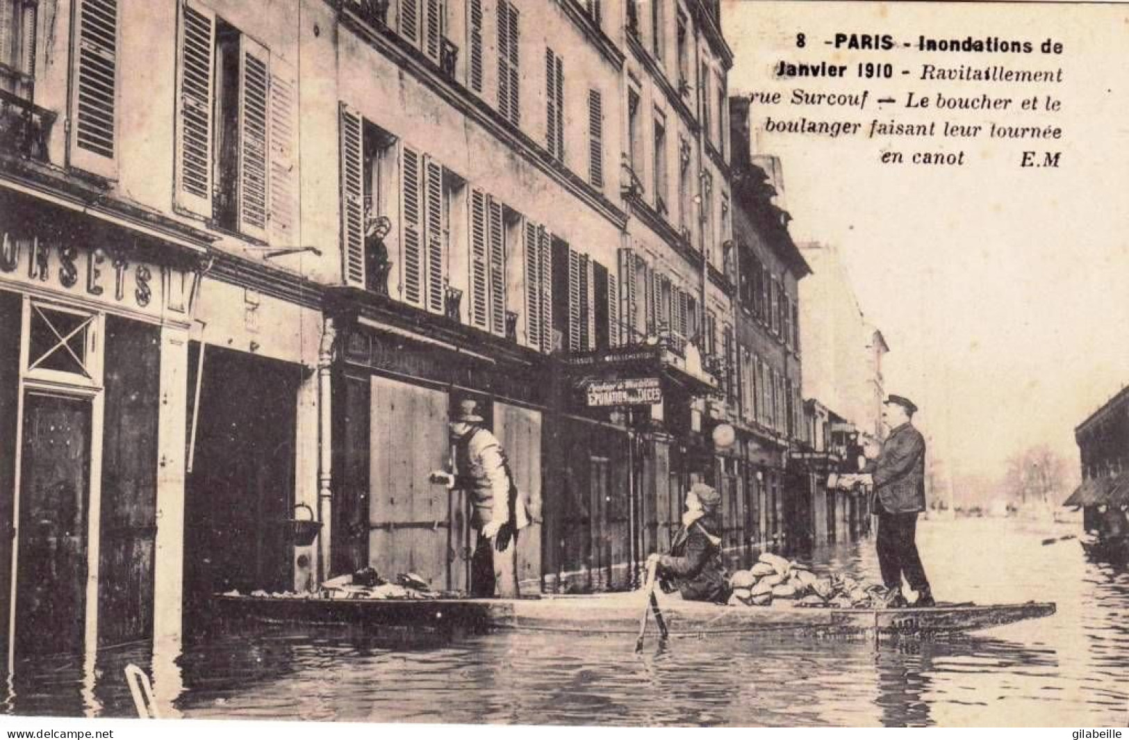 75 - PARIS 07 - Inondations De Janvier 1910 -  Ravitaillement Rue Surcouf -  Boucher Et  Boulanger Tournee En Canot - District 07