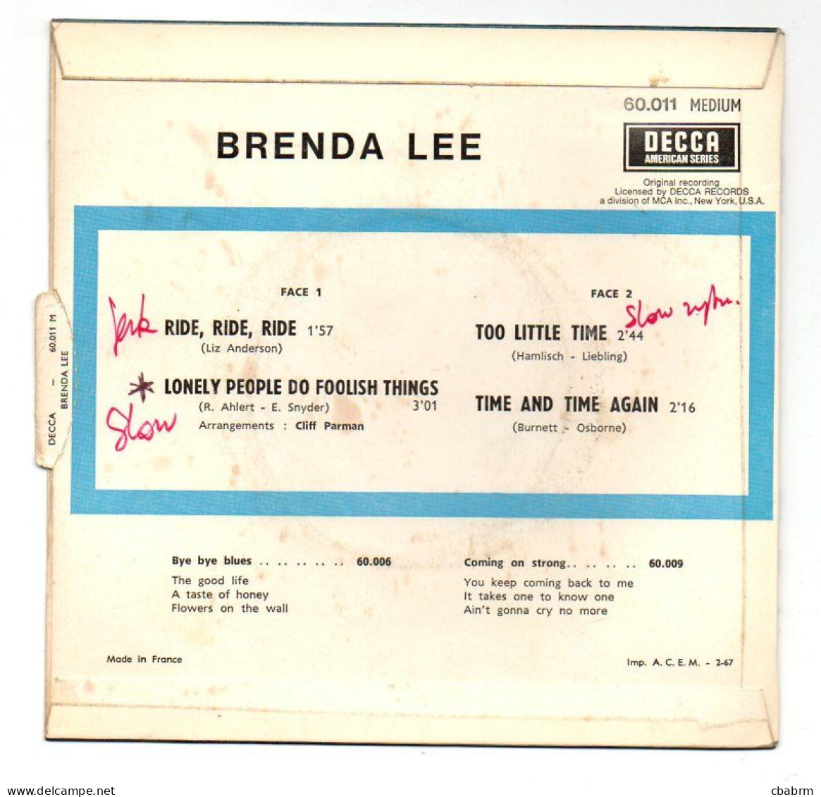 EP 45 TOURS BRENDA LEE RIDE RIDE RIDE 1967 FRANCE DECCA 60011 LANGUETTE - 7" - Rock