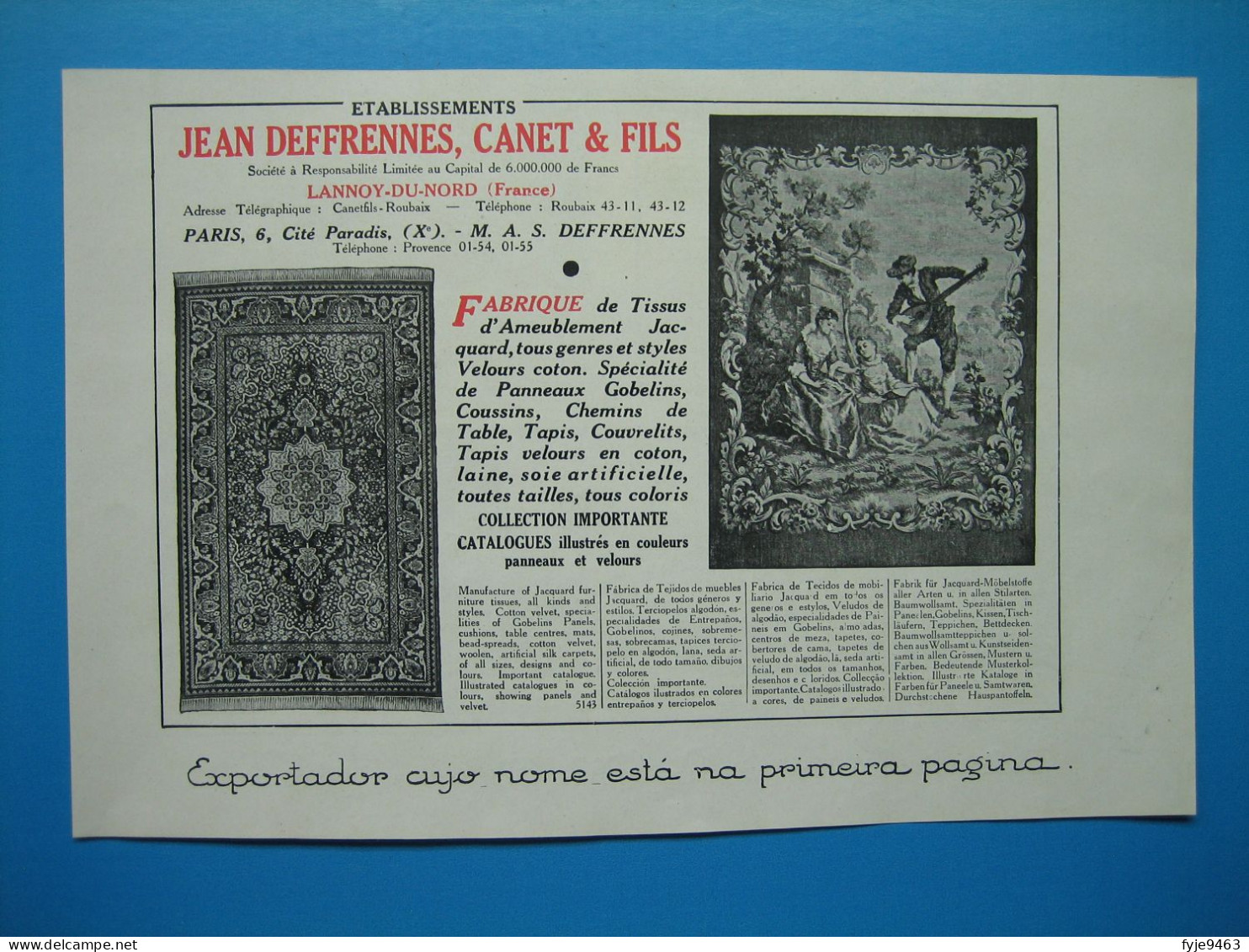 (1931) Tissus D'Ameublement - JEAN DEFFRENNES, CANET & FILS - Lannoy-du-Nord - Publicités
