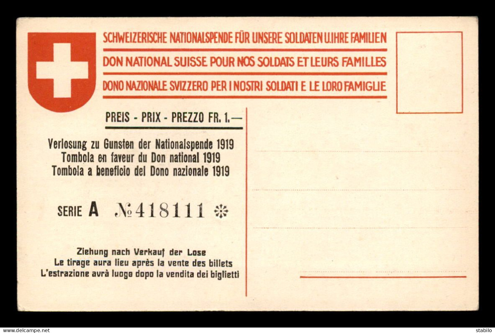 SUISSE - ILLUSTRATEUR - CARTE DE TOMBOLA EN FAVEUR DU DON NATIONAL 1919 - Other & Unclassified