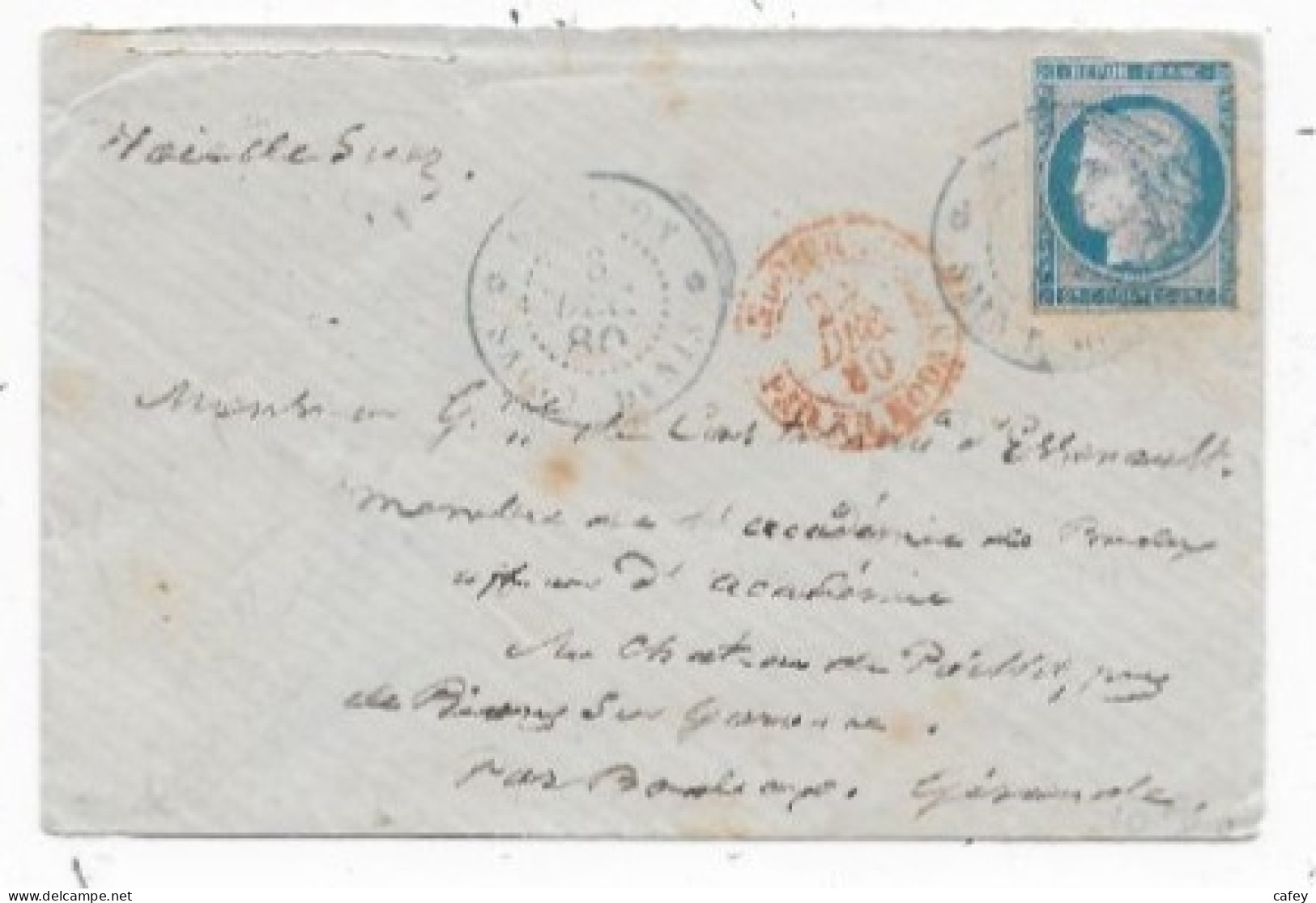 REUNION Enveloppe Timbre 25c CERES Càd Bleu REUNION / SAINT DENIS 1880 Entrée Maritime INDOCHINE / PAQ.FR MODANE - Cartas & Documentos