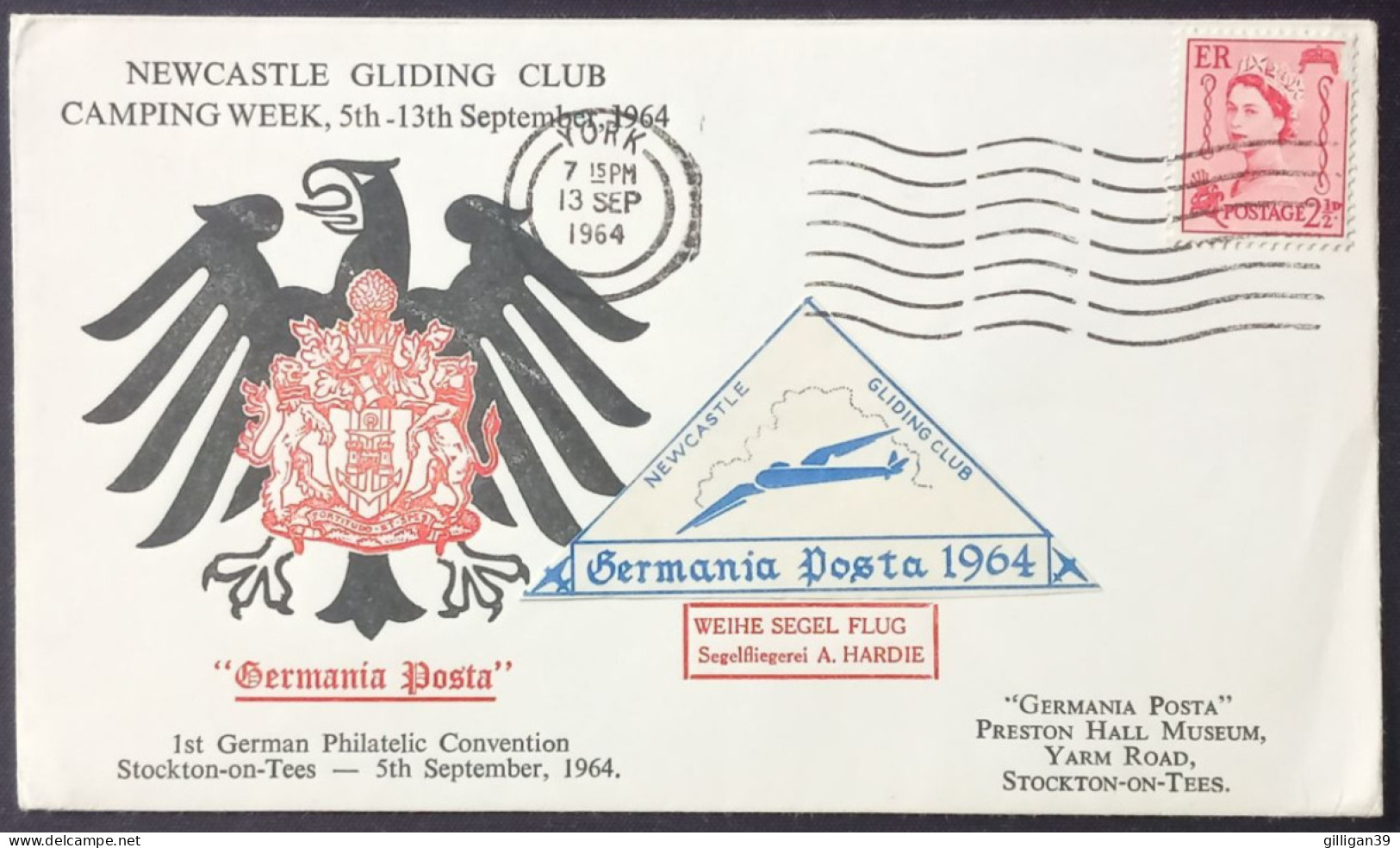 Newcastle Gliding Club, Camping Week, Stockton-on-Tees, Germania Posta 1964, Segelfliegerei A. Hardie, Poststempel YORK - Airplanes