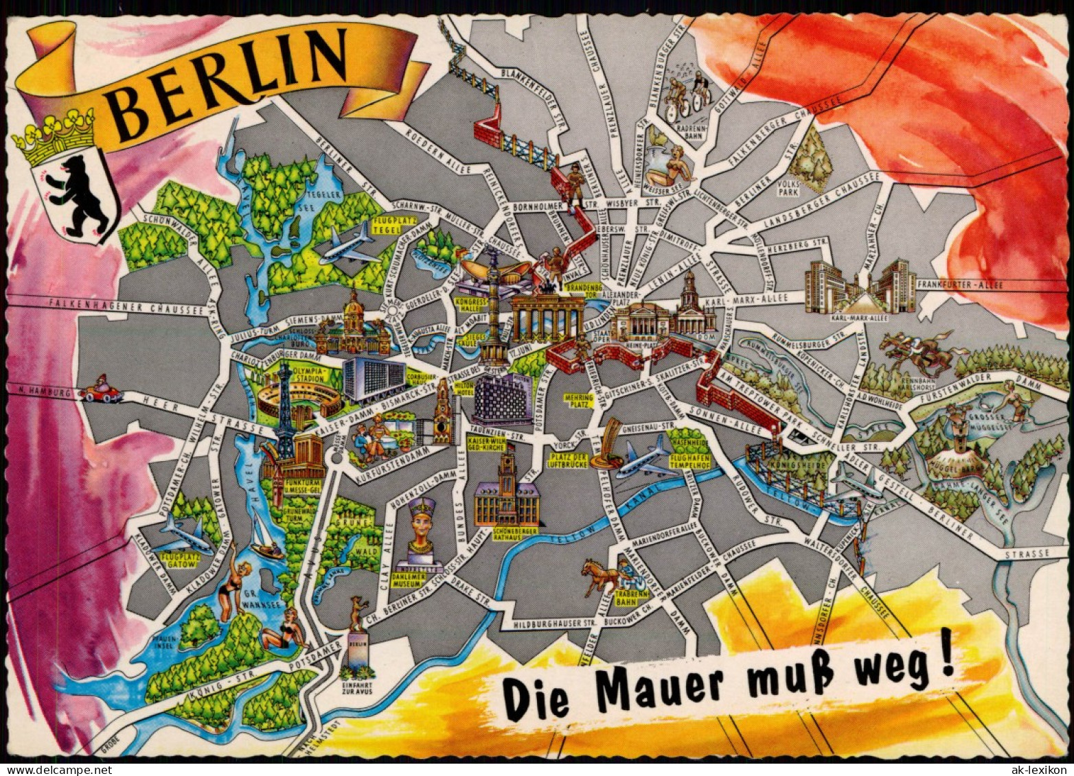 Ansichtskarte Mitte-Berlin Stadtplan Stadtkarte Die Mauer Muss Weg! 1966 - Mitte