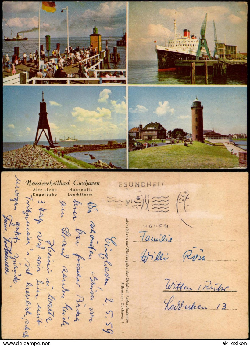 Ansichtskarte Cuxhaven 4 Bild Bake, Leuchtturm, Schiff 1959 - Cuxhaven