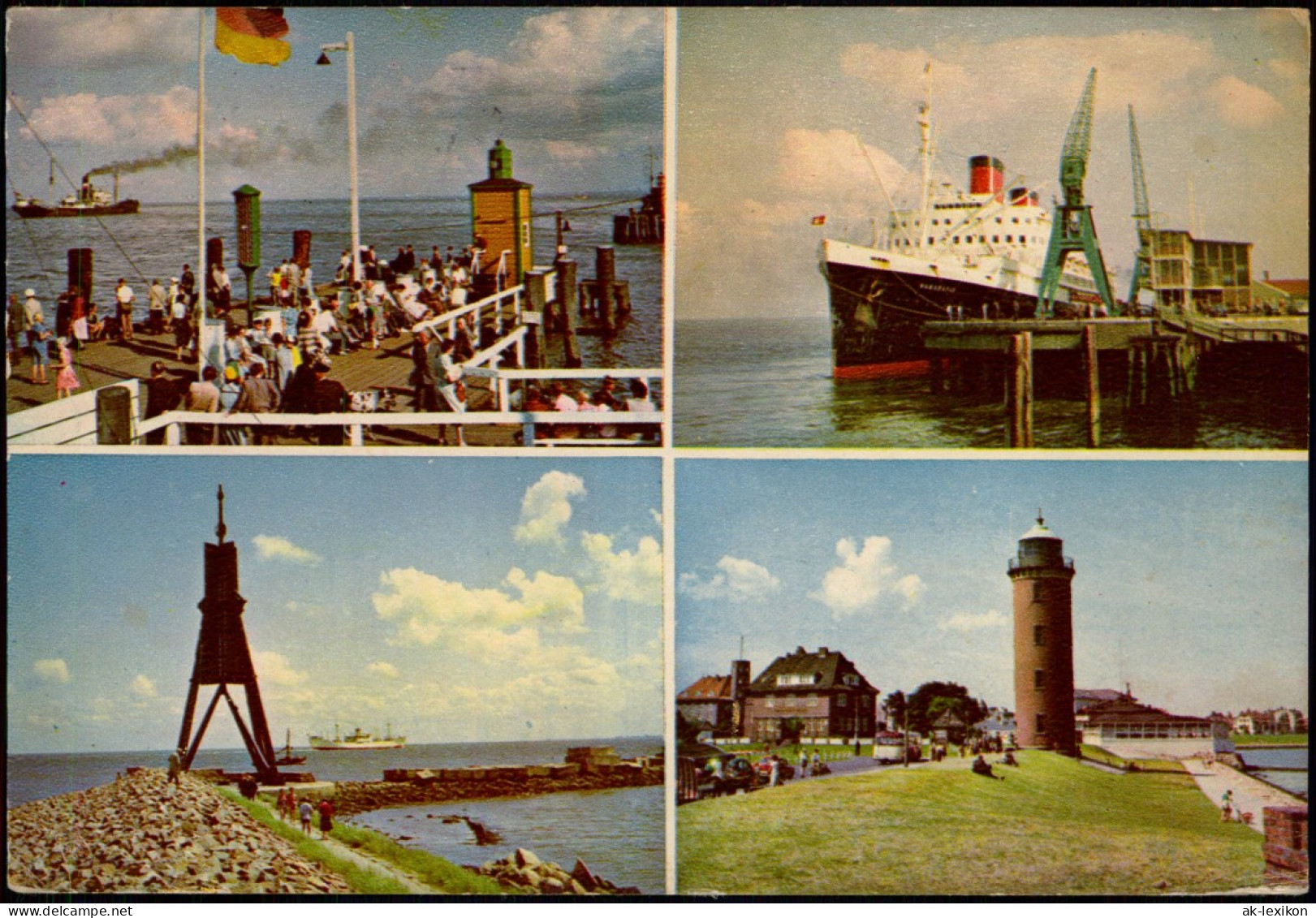 Ansichtskarte Cuxhaven 4 Bild Bake, Leuchtturm, Schiff 1959 - Cuxhaven